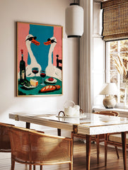 Quirky illustrative art print of two white swans in sunglasses having dinner with wine, cheese, and, in a styled room mockup