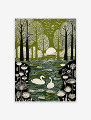 Green and white illustrative print of swans on a pond in a forest with birds flying overhead and sun