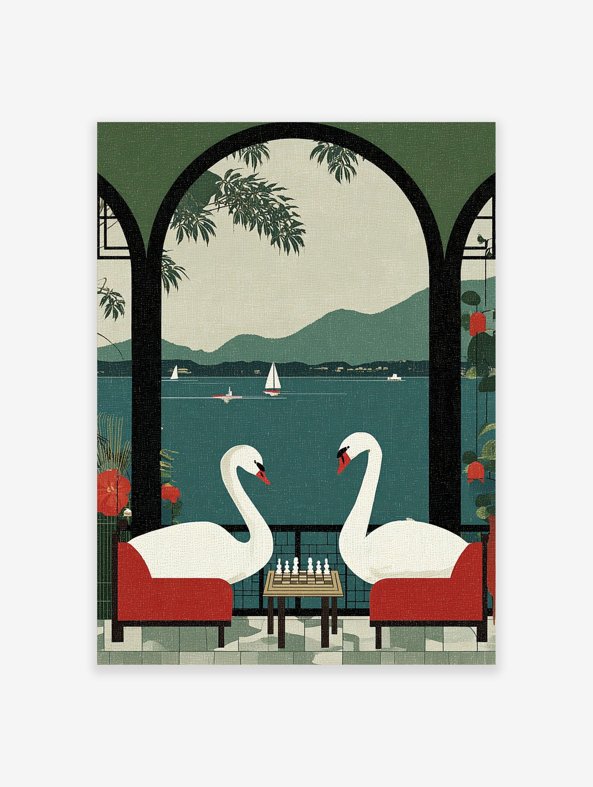 Illustrative print of two white swans playing chess in red chairs on a balcony overlooking a lake