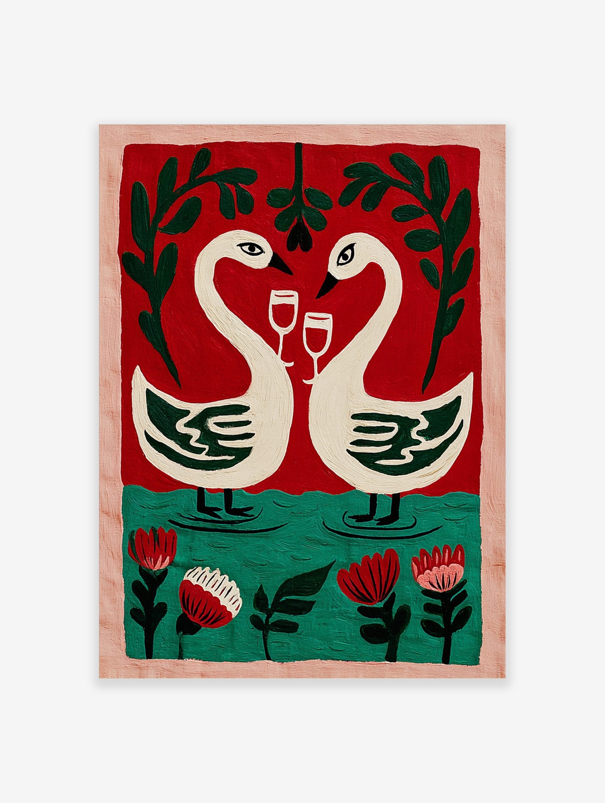 Illustrative wall art of two white swans with wine glasses, forming a heart, against a red and green background with flowers