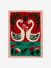 Illustrative wall art of two white swans with wine glasses, forming a heart, against a red and green background with flowers