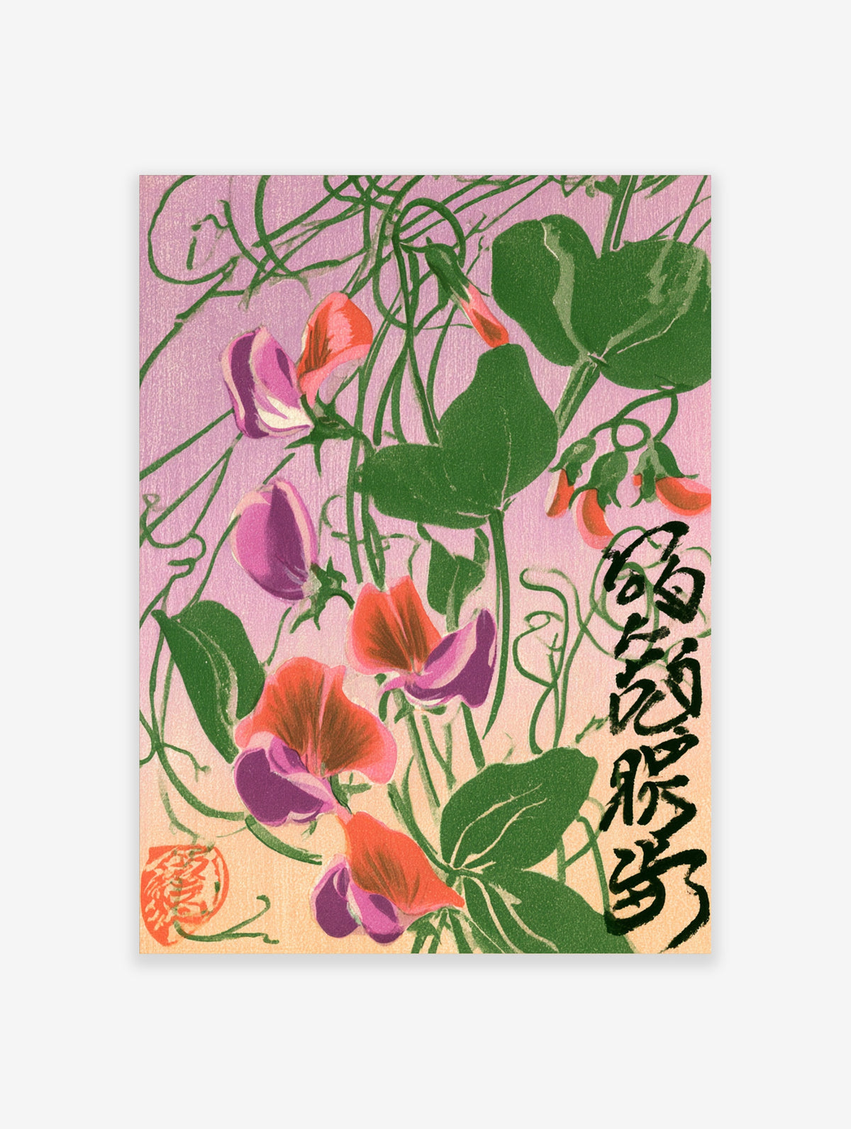 Sweet pea flower poster with pink, purple and orange blooms, green leaves and black calligraphy on pink background