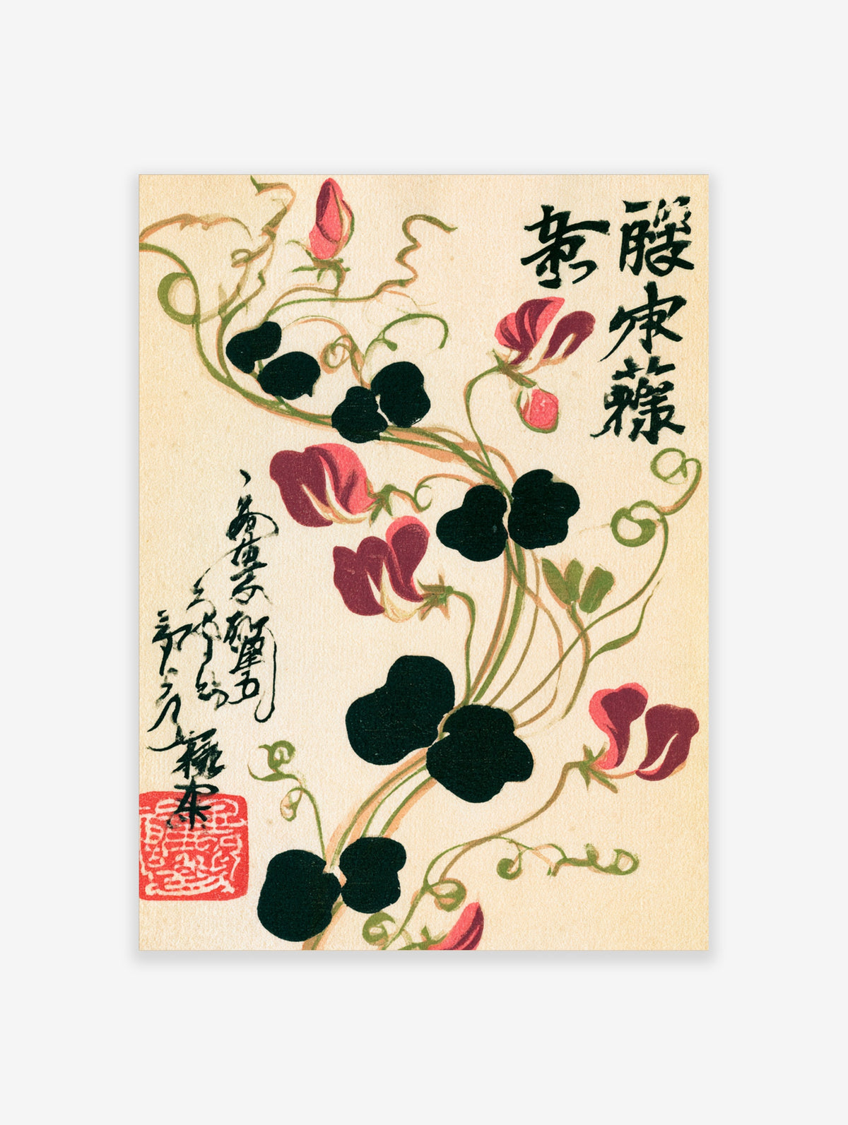 Sweet pea flower art print with pink and burgundy blooms, black leaves, green vines, and Japanese calligraphy on cream