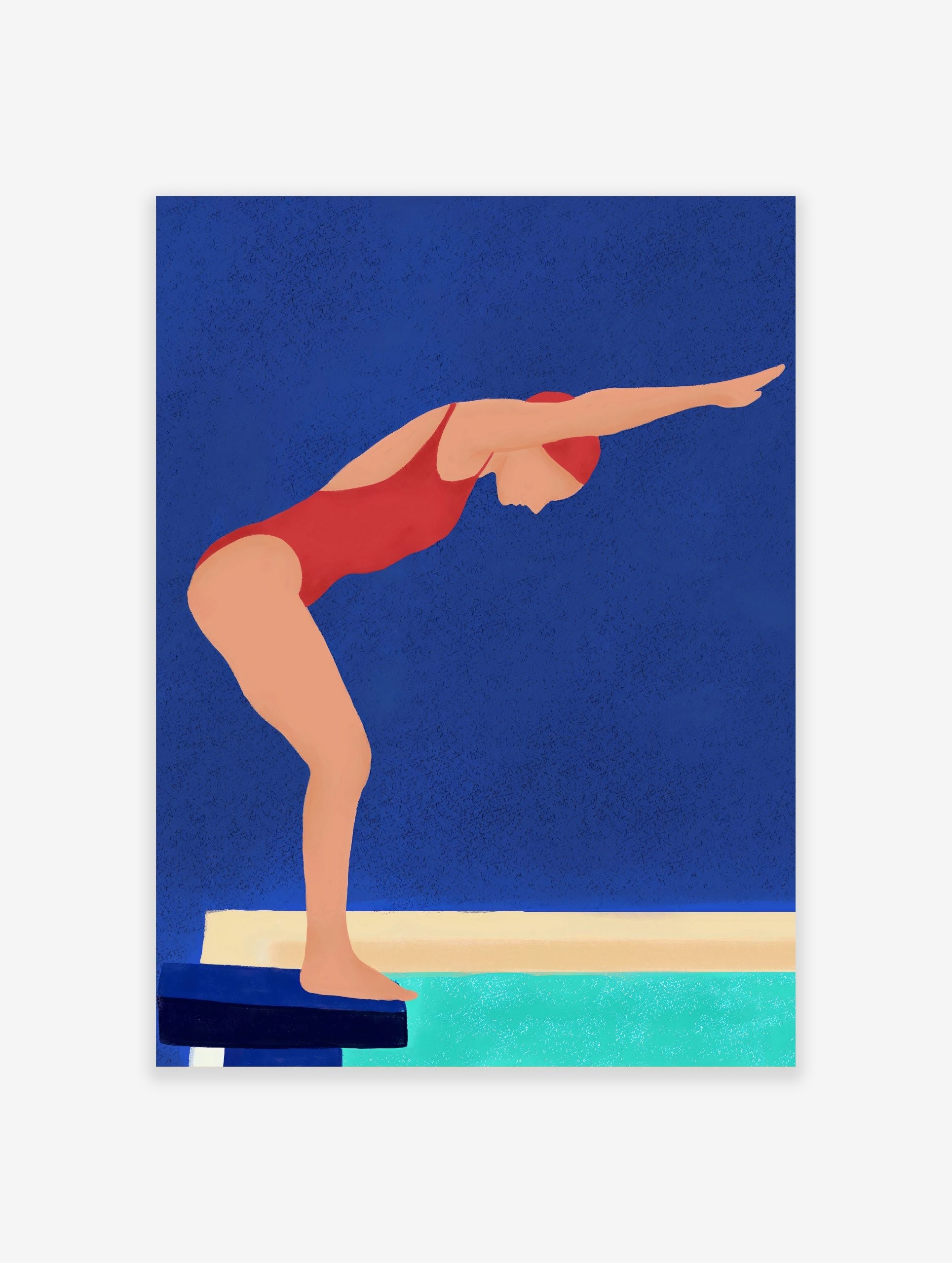 Illustrative wall art of a swimmer in a red swimsuit and cap, poised on a starting block above turquoise water, against a blue background