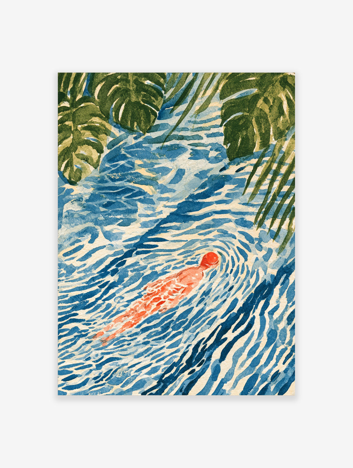 Illustration of a red-capped swimmer in blue rippled water with tropical leaves overhead