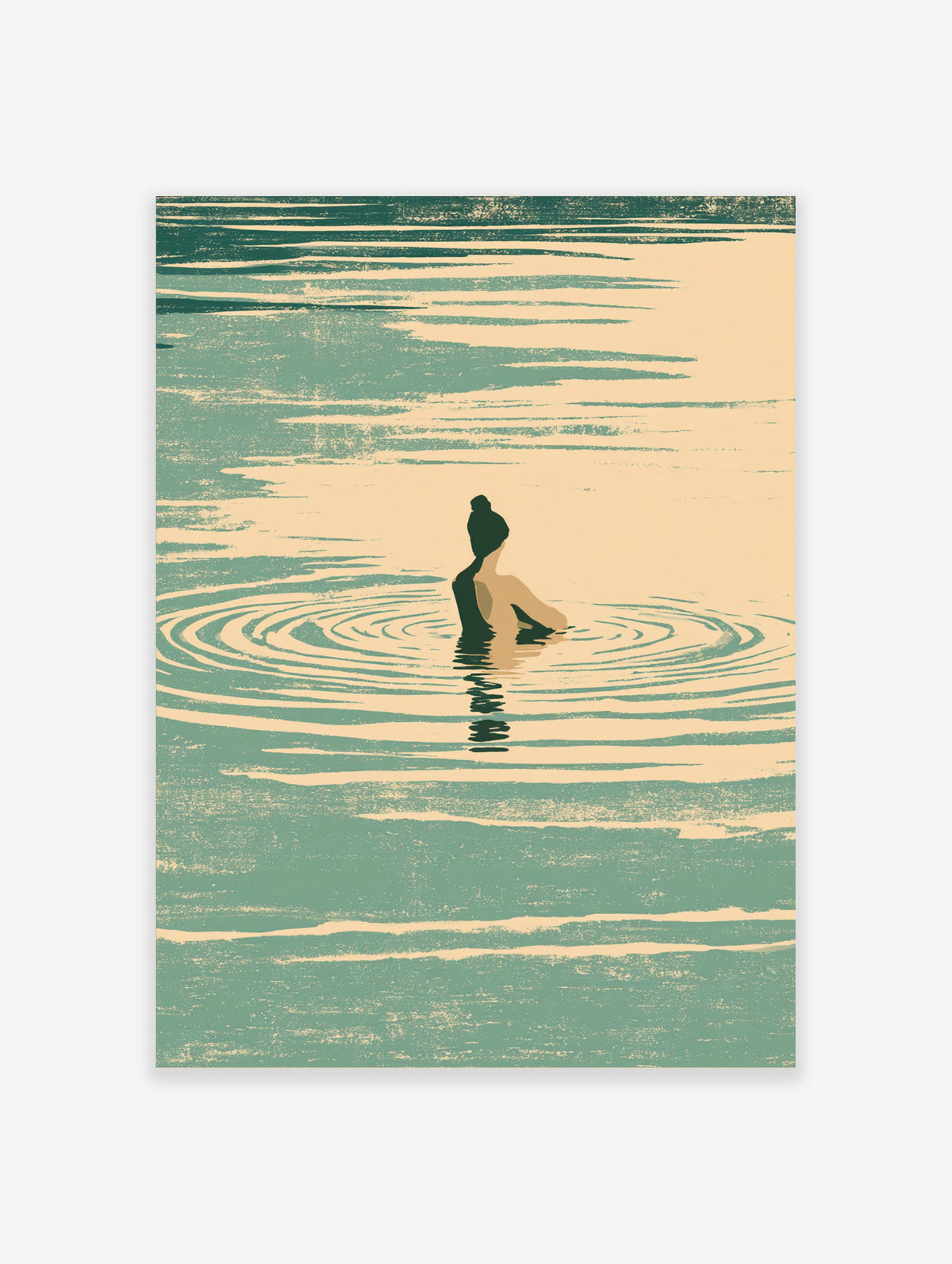 Minimalist swimmer in water poster with ripple rings and teal and cream palette