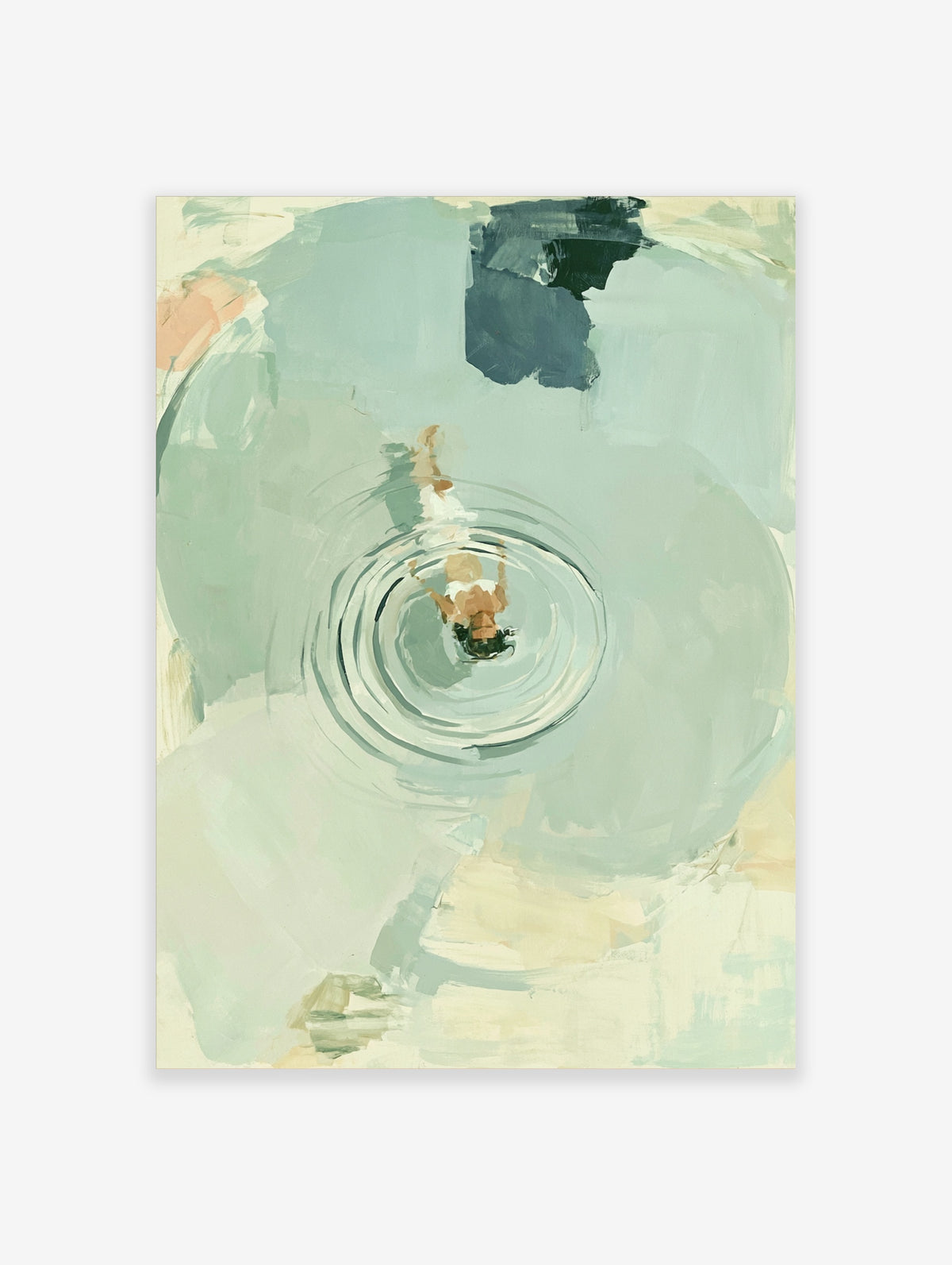 Abstract swimmer poster with figure floating in pale green water and concentric white ripples