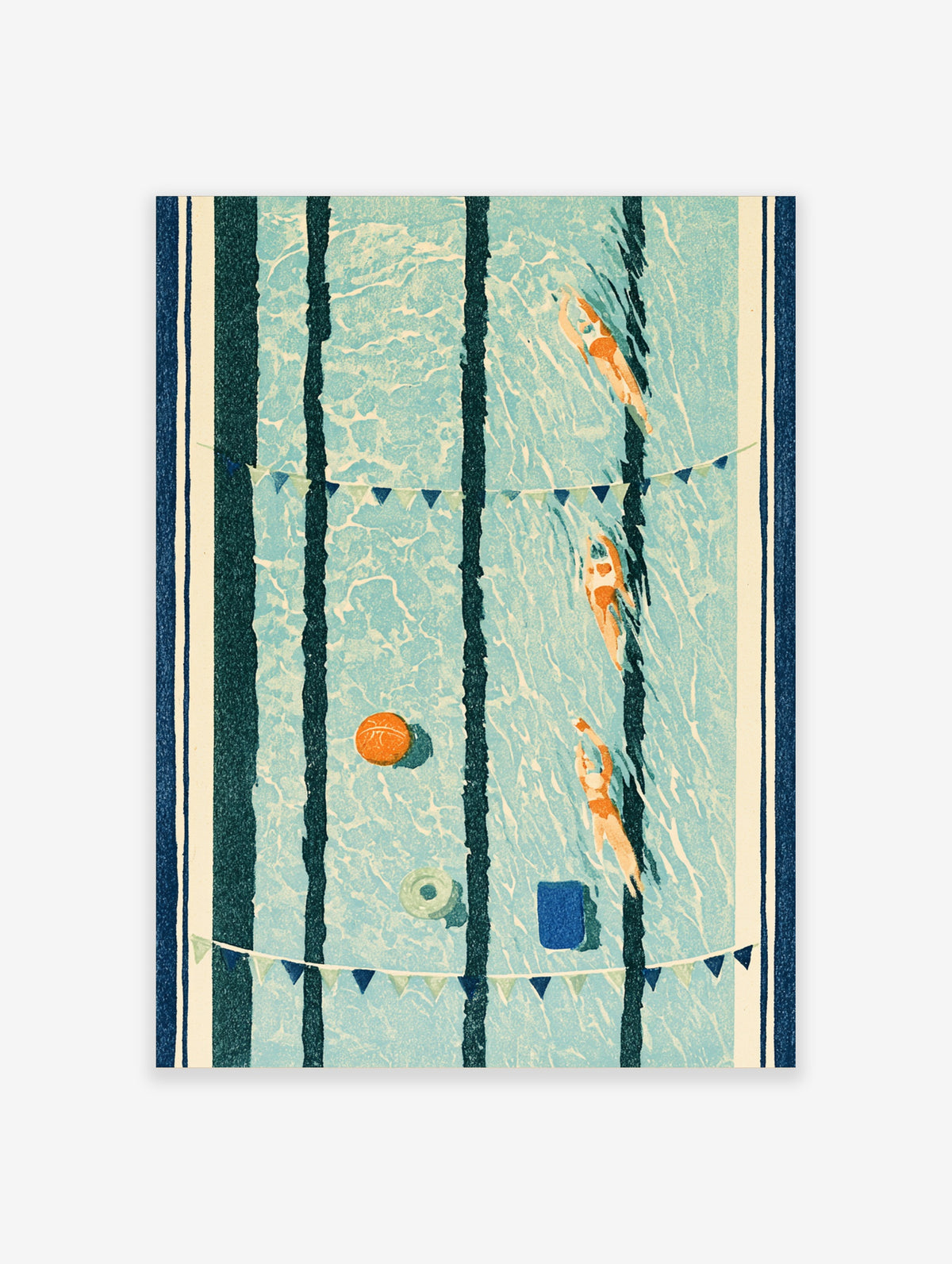 Swimming pool poster with three orange swimmers, floating basketball and bunting on blue water