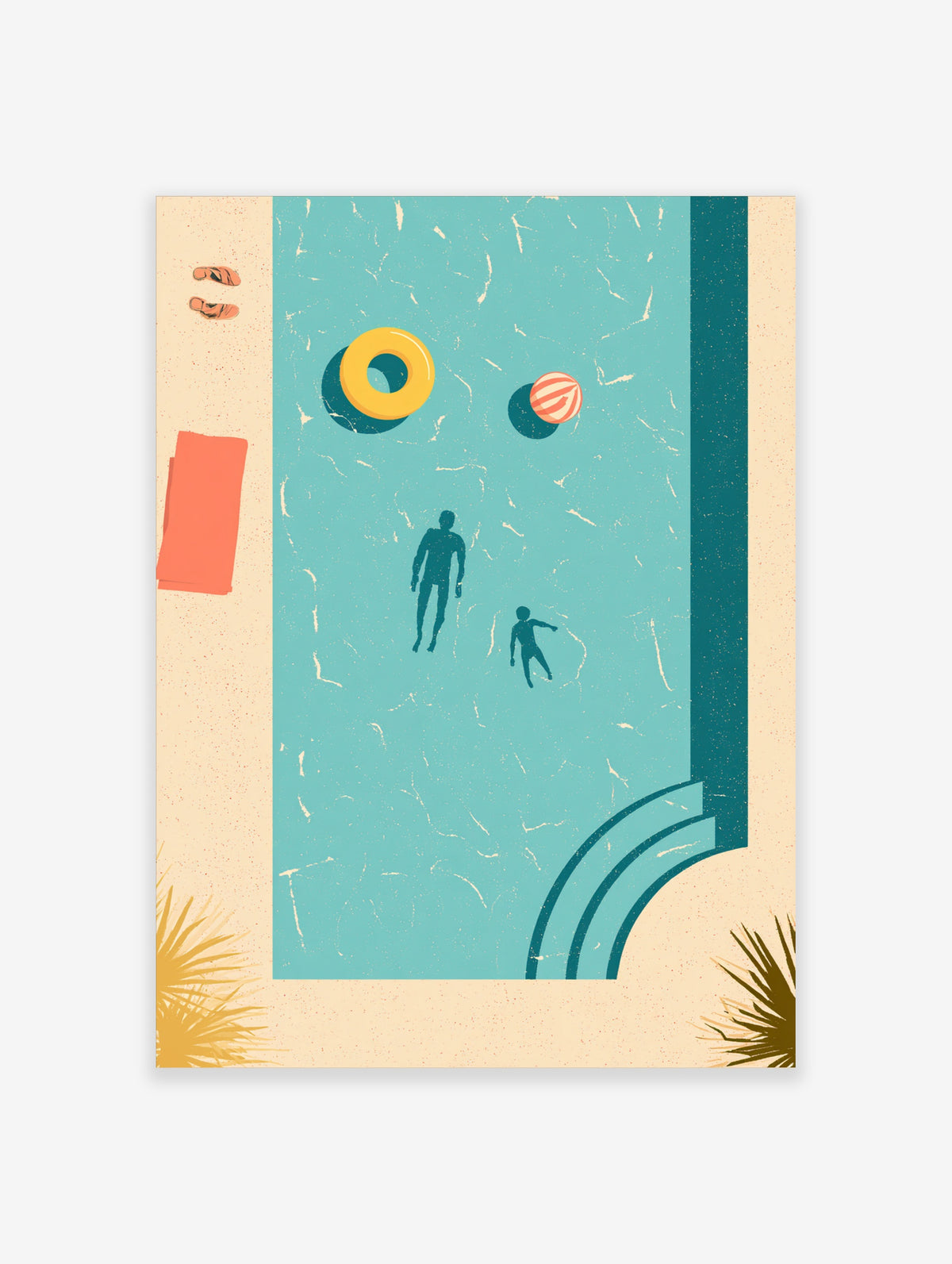 Aerial swimming pool poster with two swimmers, yellow ring, striped ball, flip-flops and towel on turquoise water