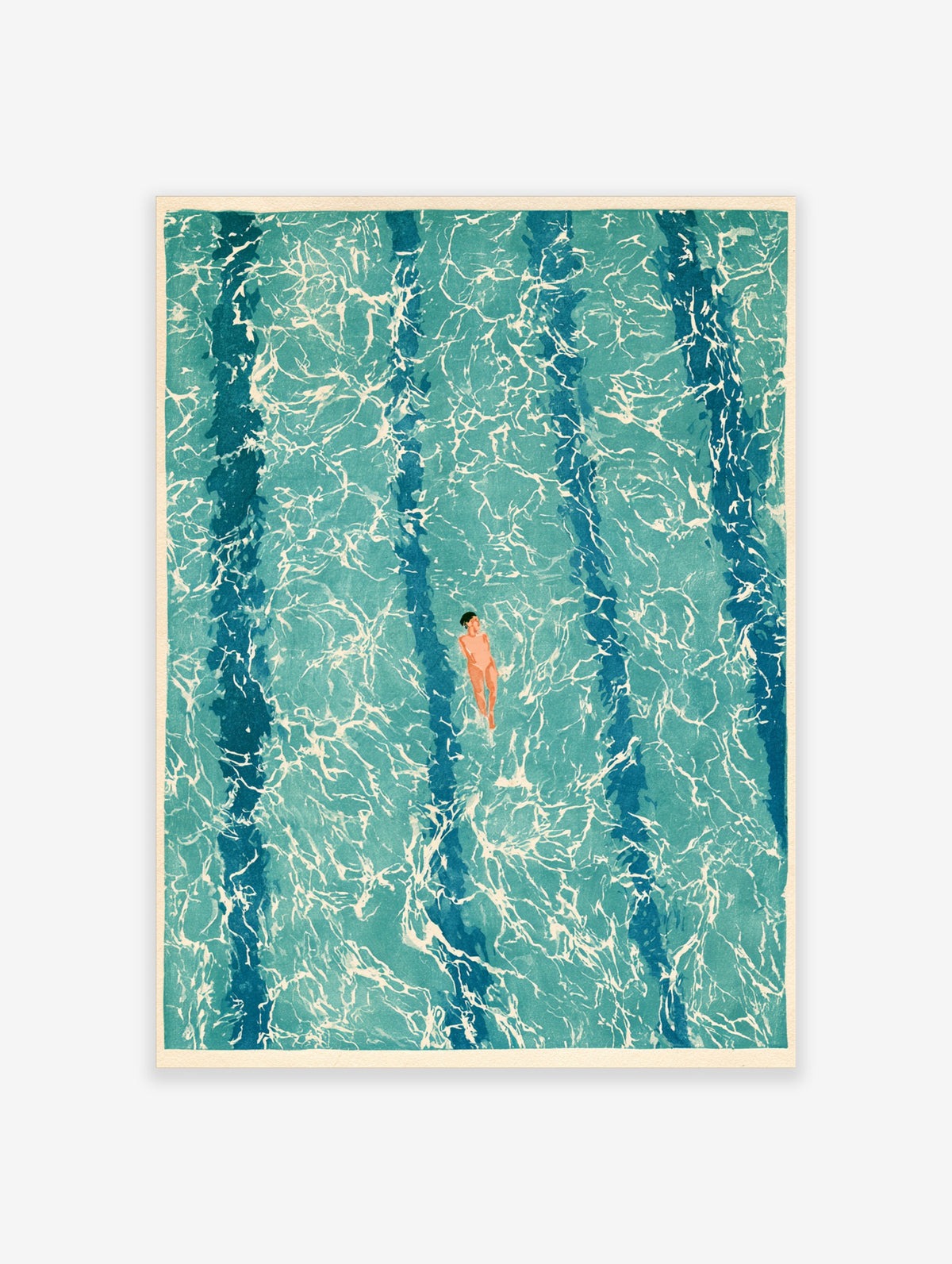 Aerial swimming pool art print of a lone figure floating in turquoise water with white ripples and blue lane lines