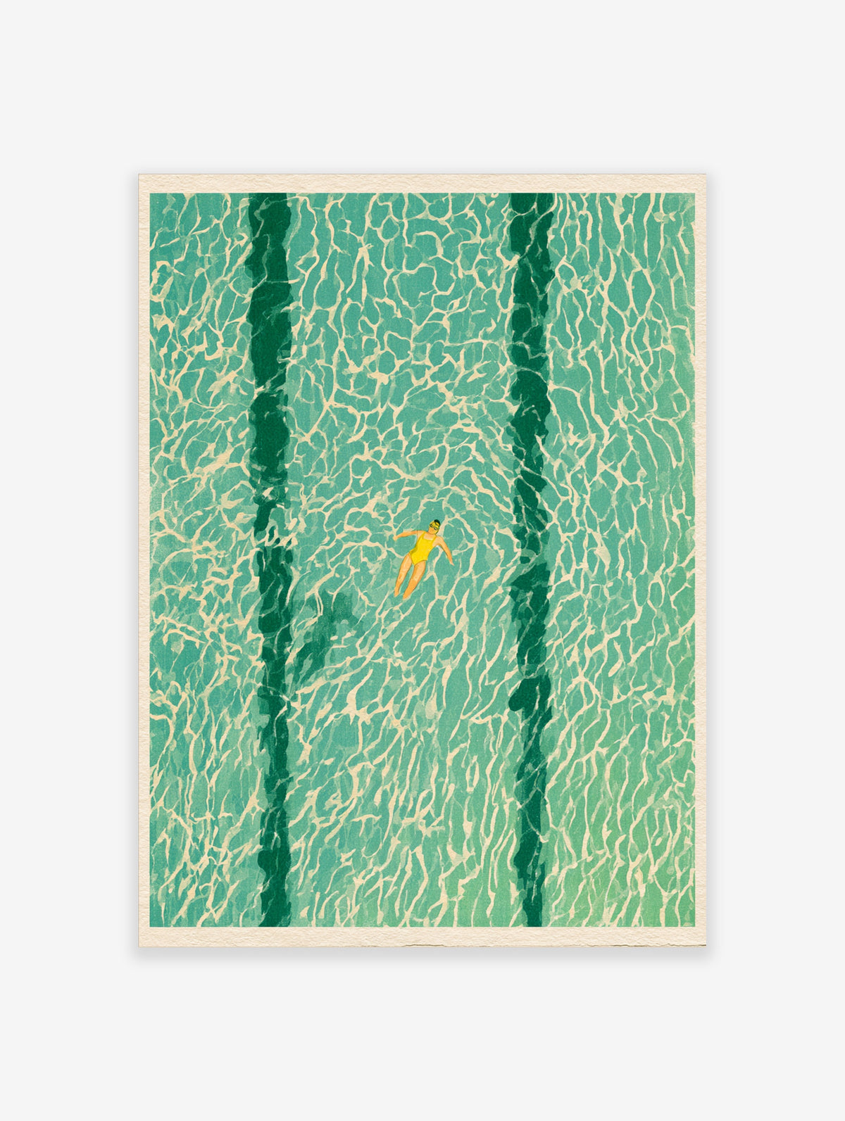 Aerial swimming pool poster with a swimmer in a yellow swimsuit floating in turquoise water between dark green lane lines