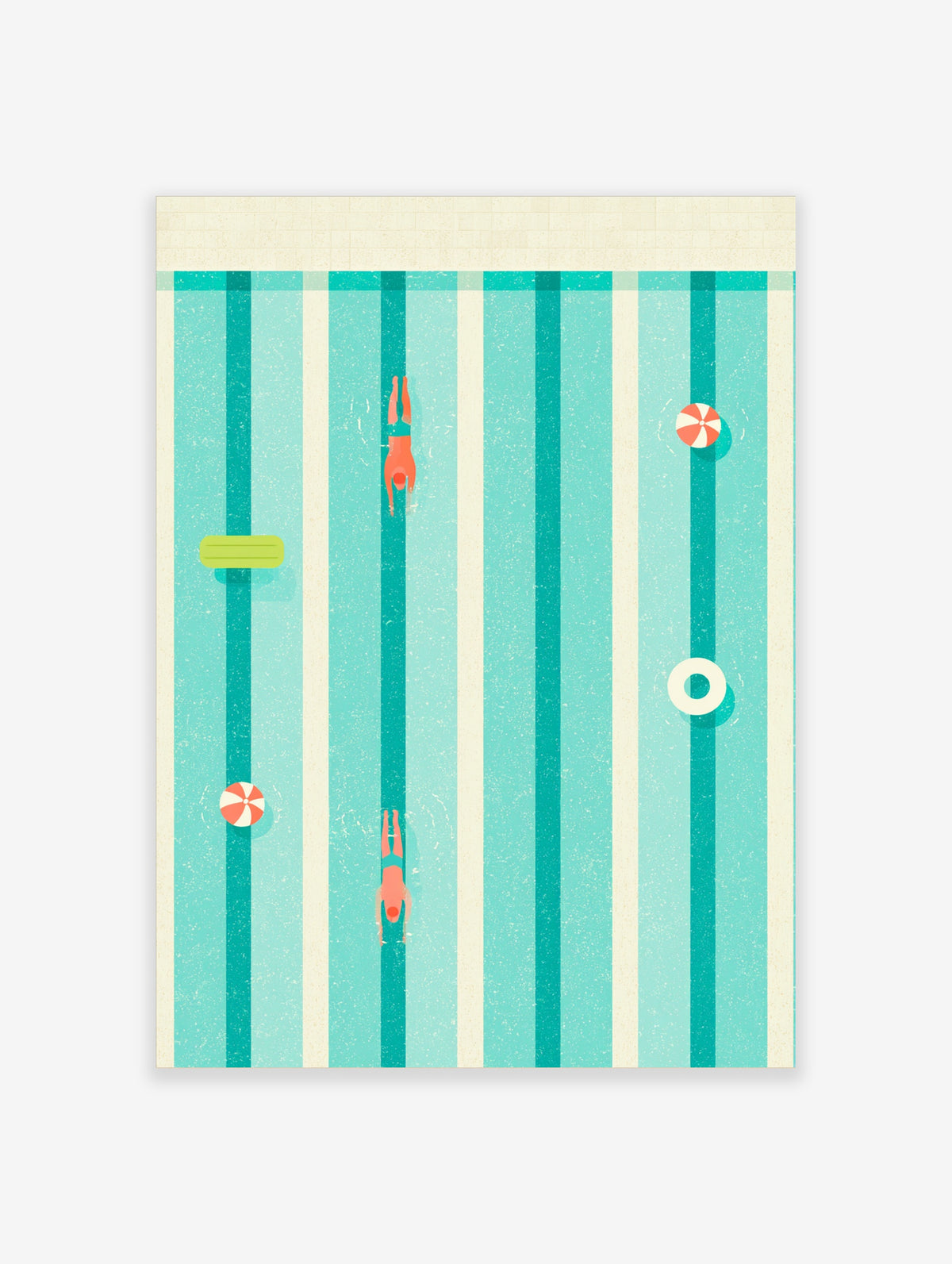 Aerial swimming pool poster with two swimmers, striped lanes, red and white beach ball, and white ring