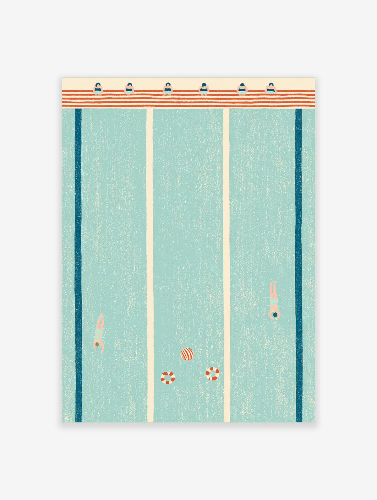 Minimalist swimming pool poster with six figures on starting blocks, three swimmers, a striped ball, and two rings in teal