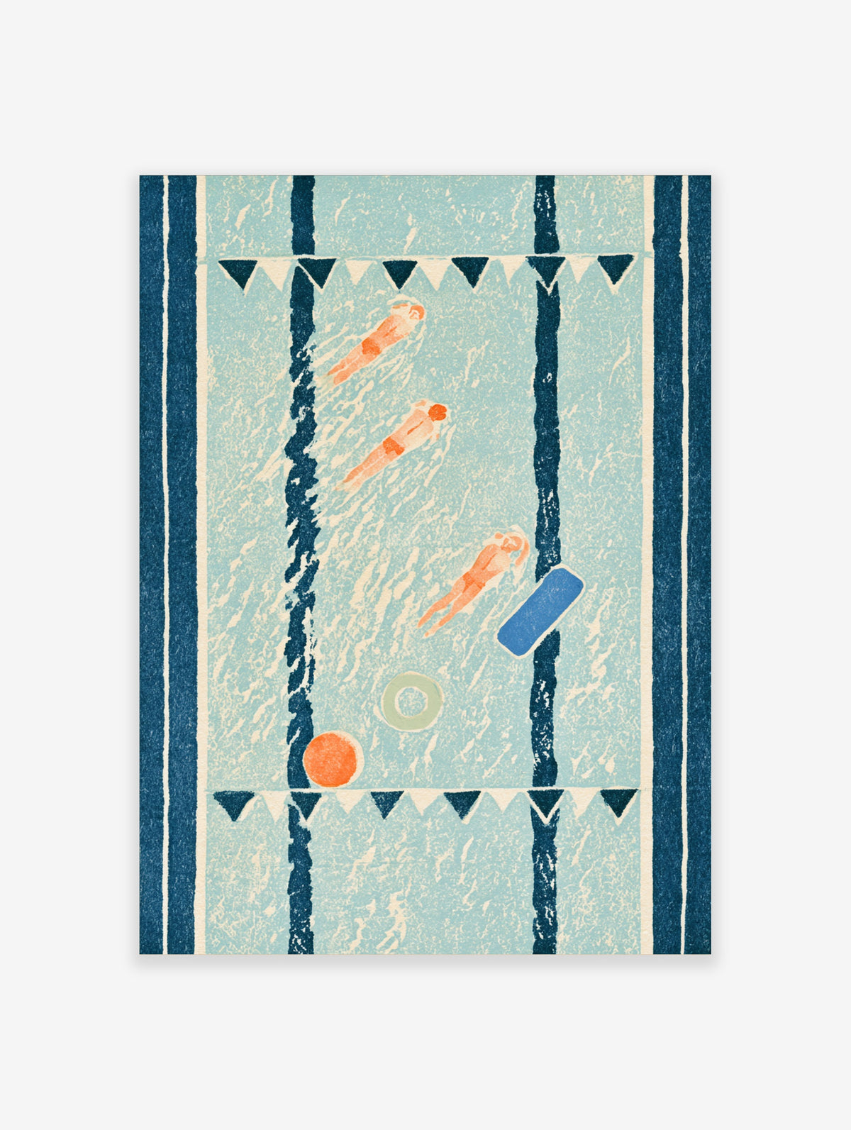 Retro swimming pool art print with three swimmers, blue lane ropes, bunting and pool floats