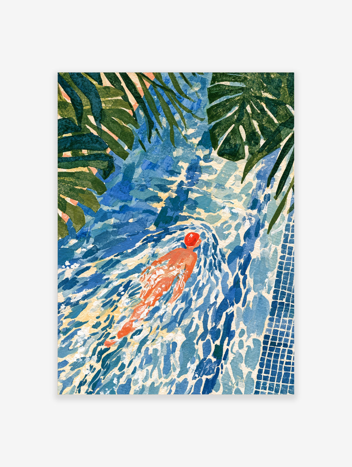 Swimming pool poster with red-capped swimmer in blue water, tropical leaves and blue tiles