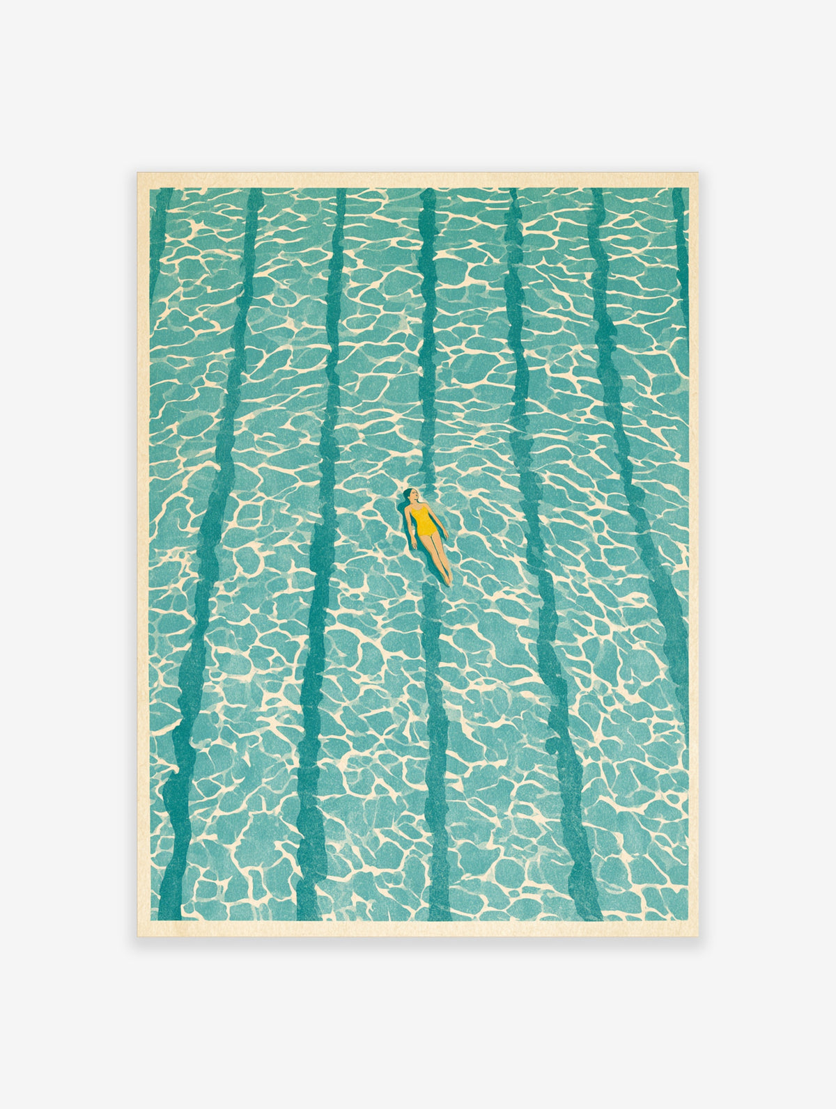 Aerial illustration of a woman in a yellow swimsuit floating on rippled teal pool water with vertical shadows