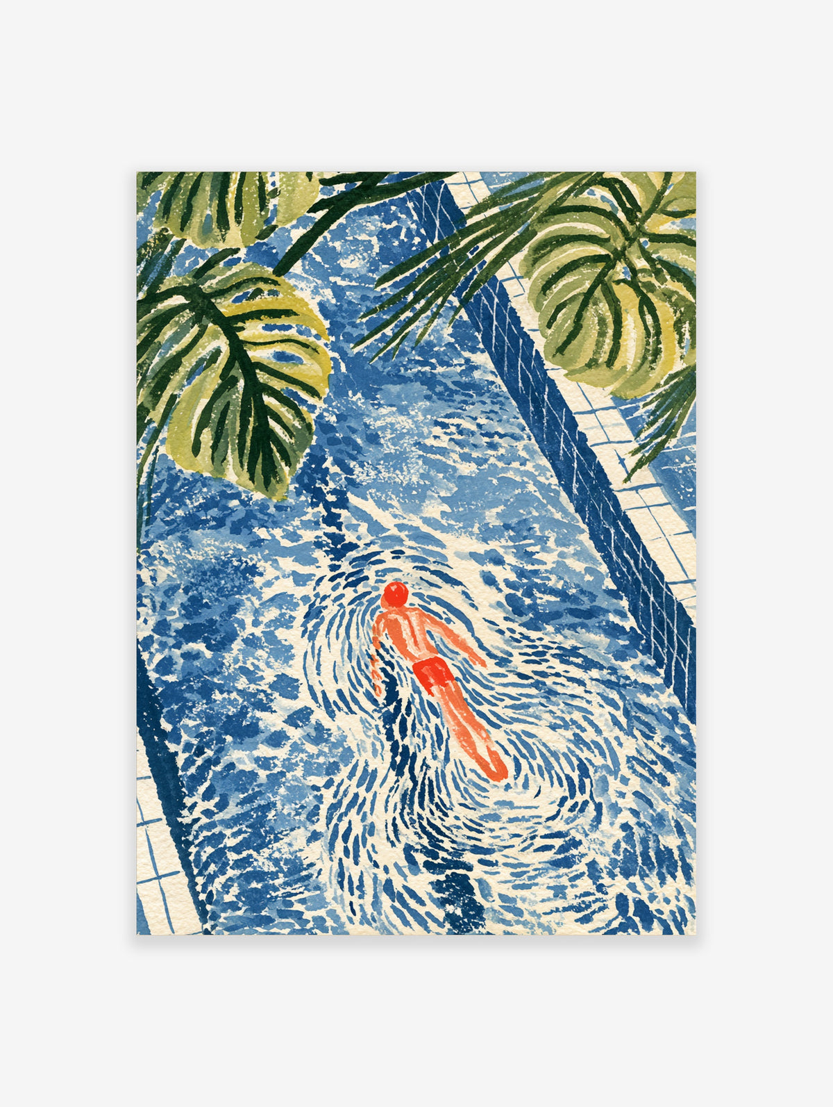 Swimming pool art print with red-capped swimmer, blue water ripples, and green palm leaves