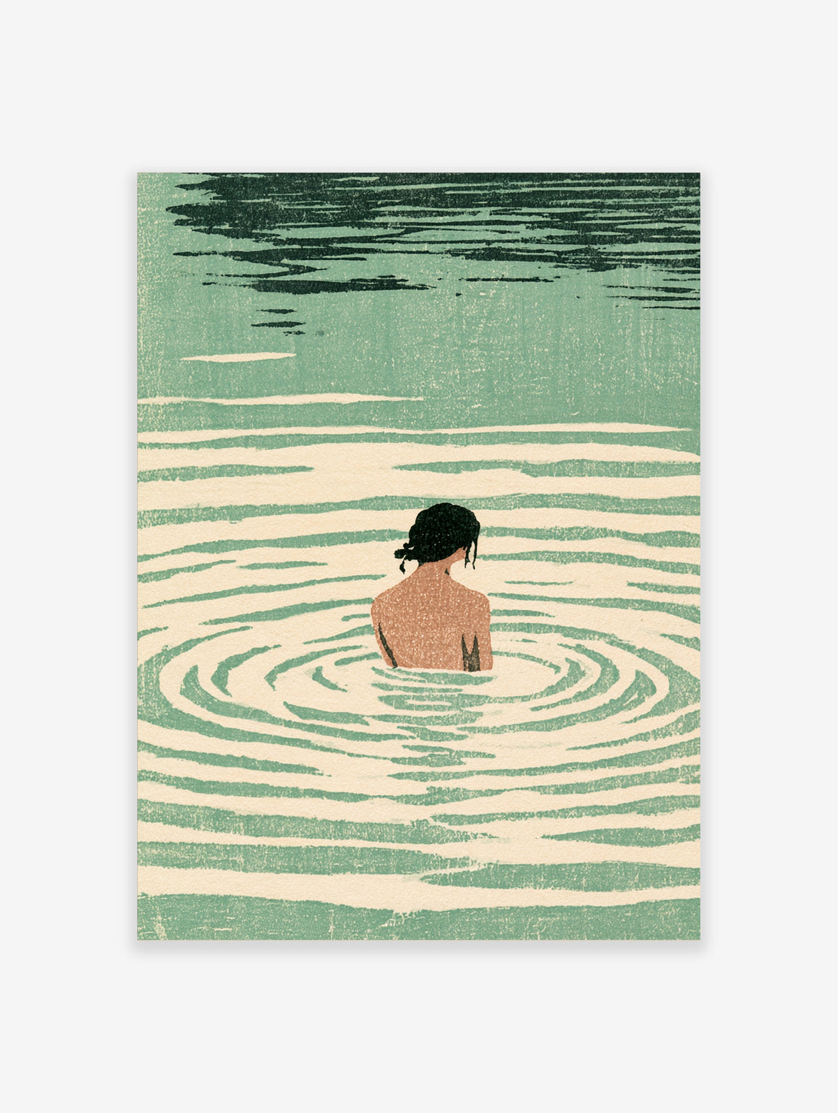 Minimalist poster of a woman swimming in green water with cream ripple lines