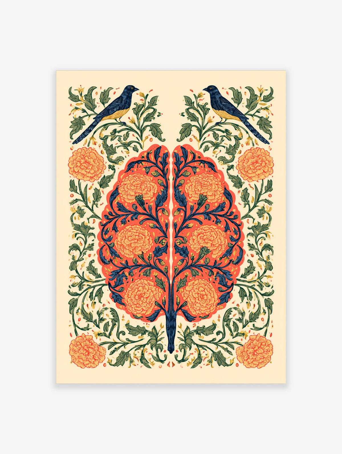 Symmetrical bird and marigold art print with navy blue foliage and coral flowers on beige background