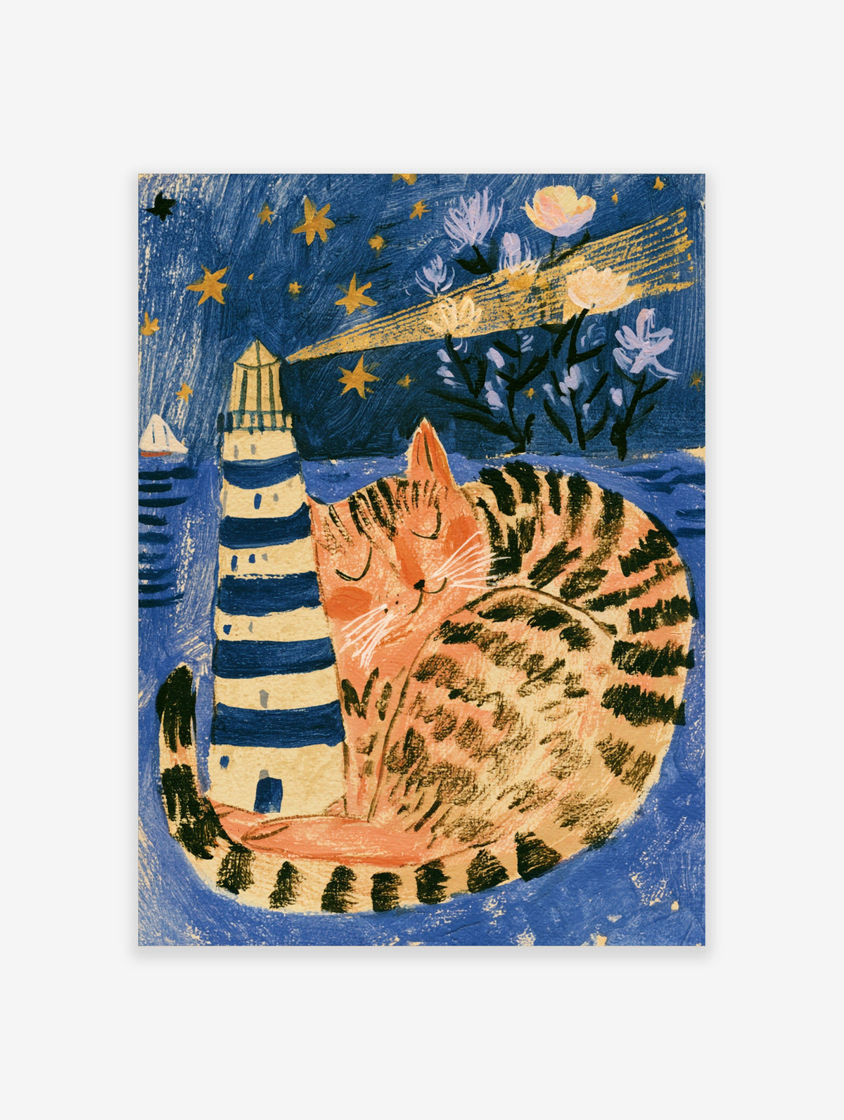 Tabby cat beside blue and white striped lighthouse under starry sky poster
