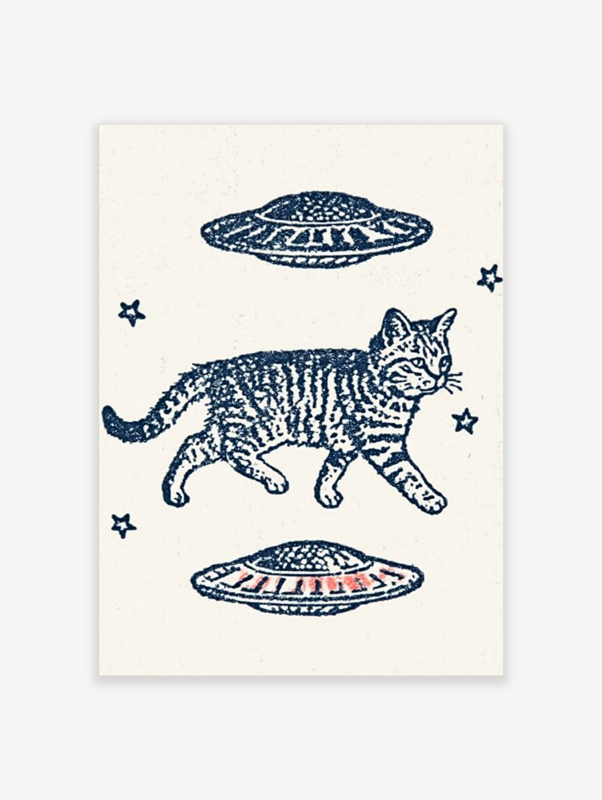 Navy blue tabby cat walking between two flying saucers with stars on a light background