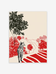 Tabby cat on path looking at red bushes and black trees in illustrative landscape print
