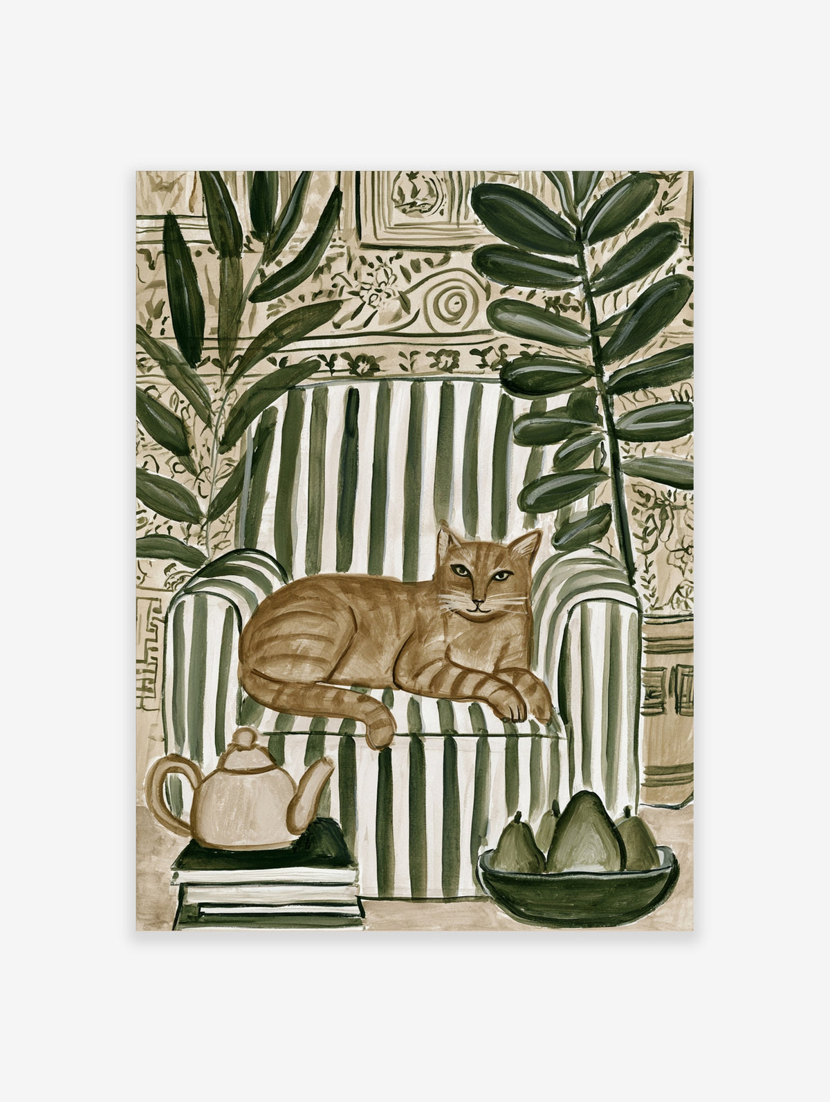 Ginger tabby cat on green striped armchair with teapot, books, and pears in illustrated wall art print