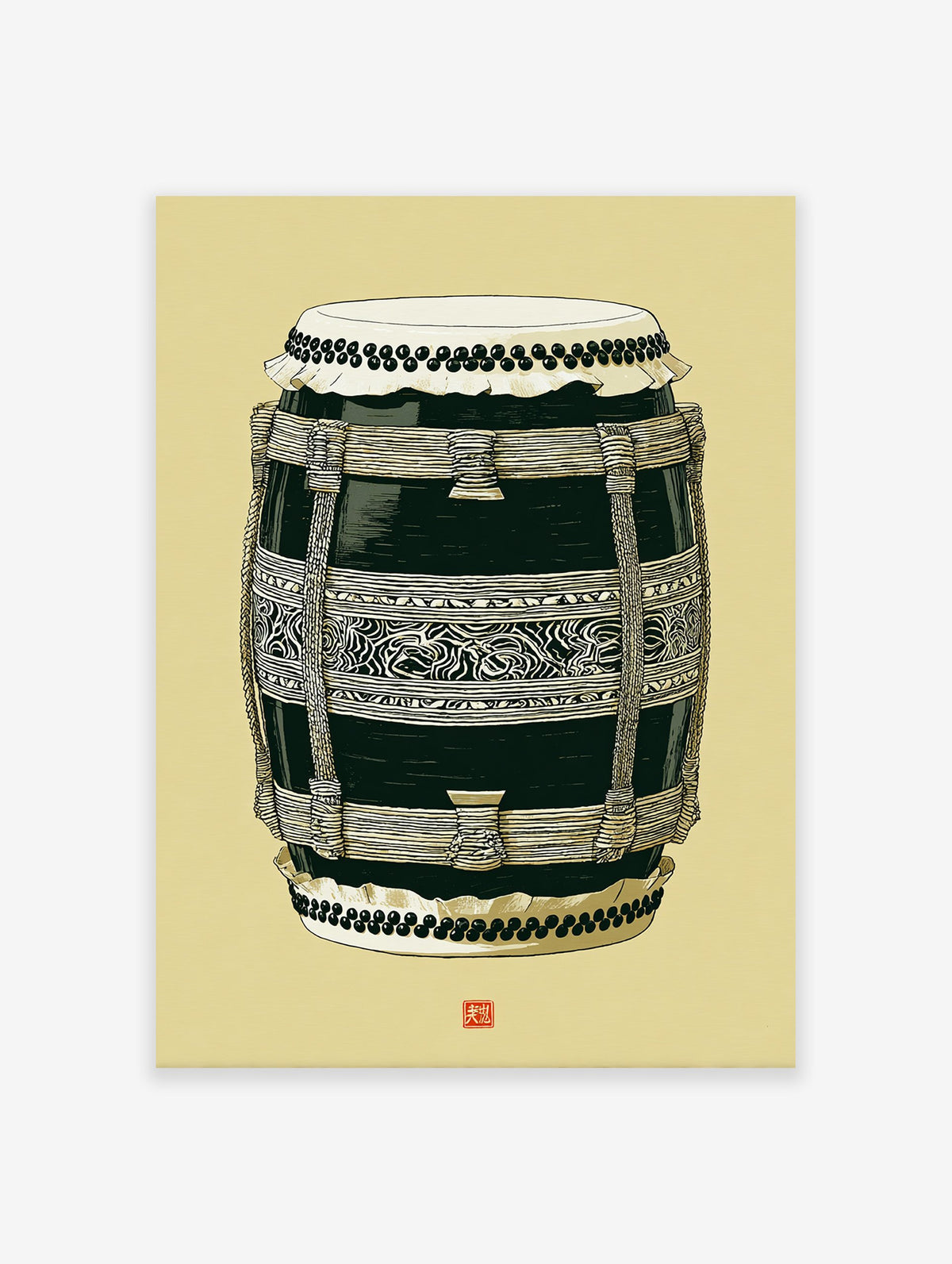 Illustration of a traditional Japanese Taiko drum in black and cream with intricate patterns on a yellow background.