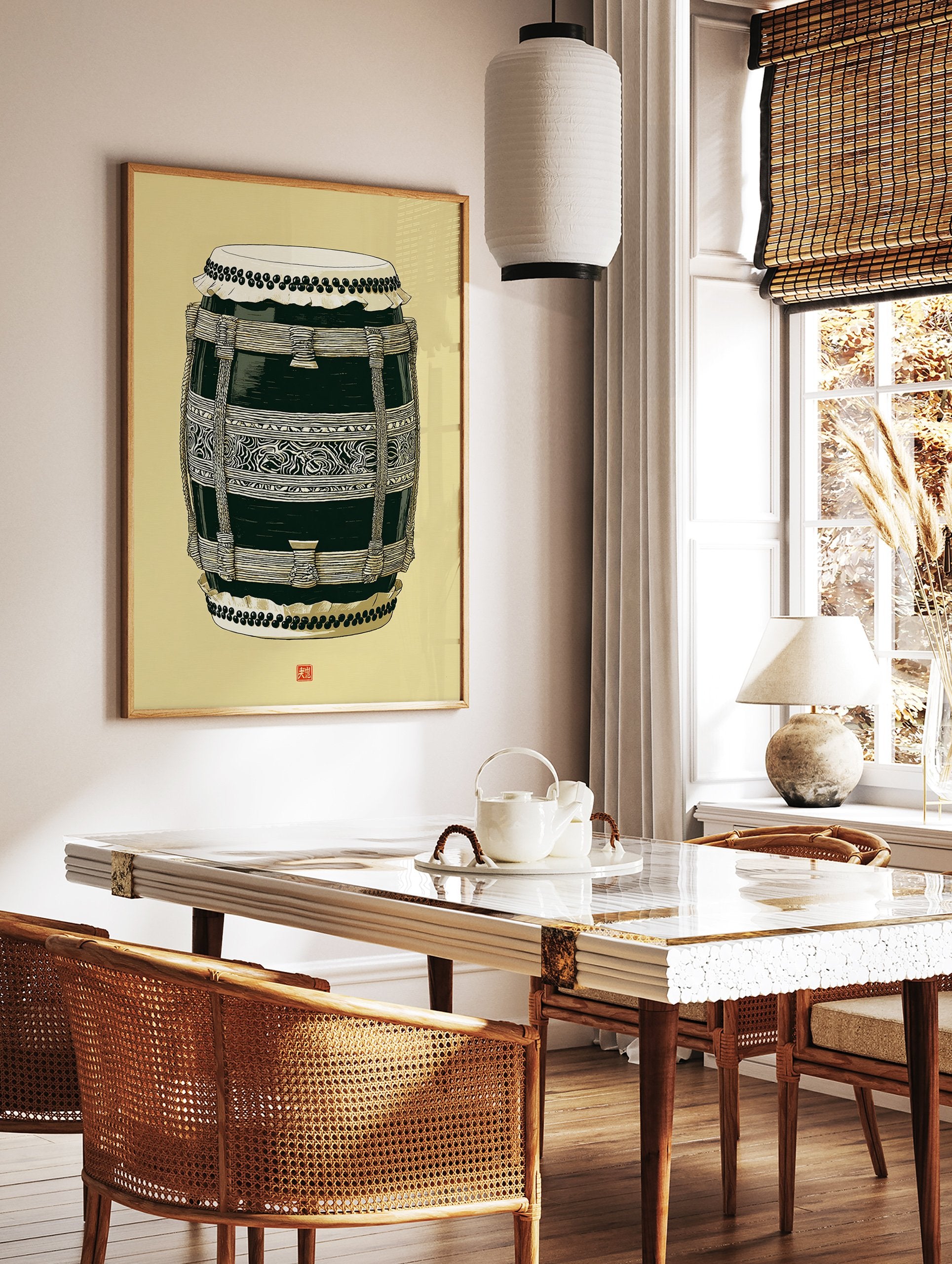 Illustration of a traditional Japanese Taiko drum in black and cream with intricate patterns on a yellow background. - Image 2