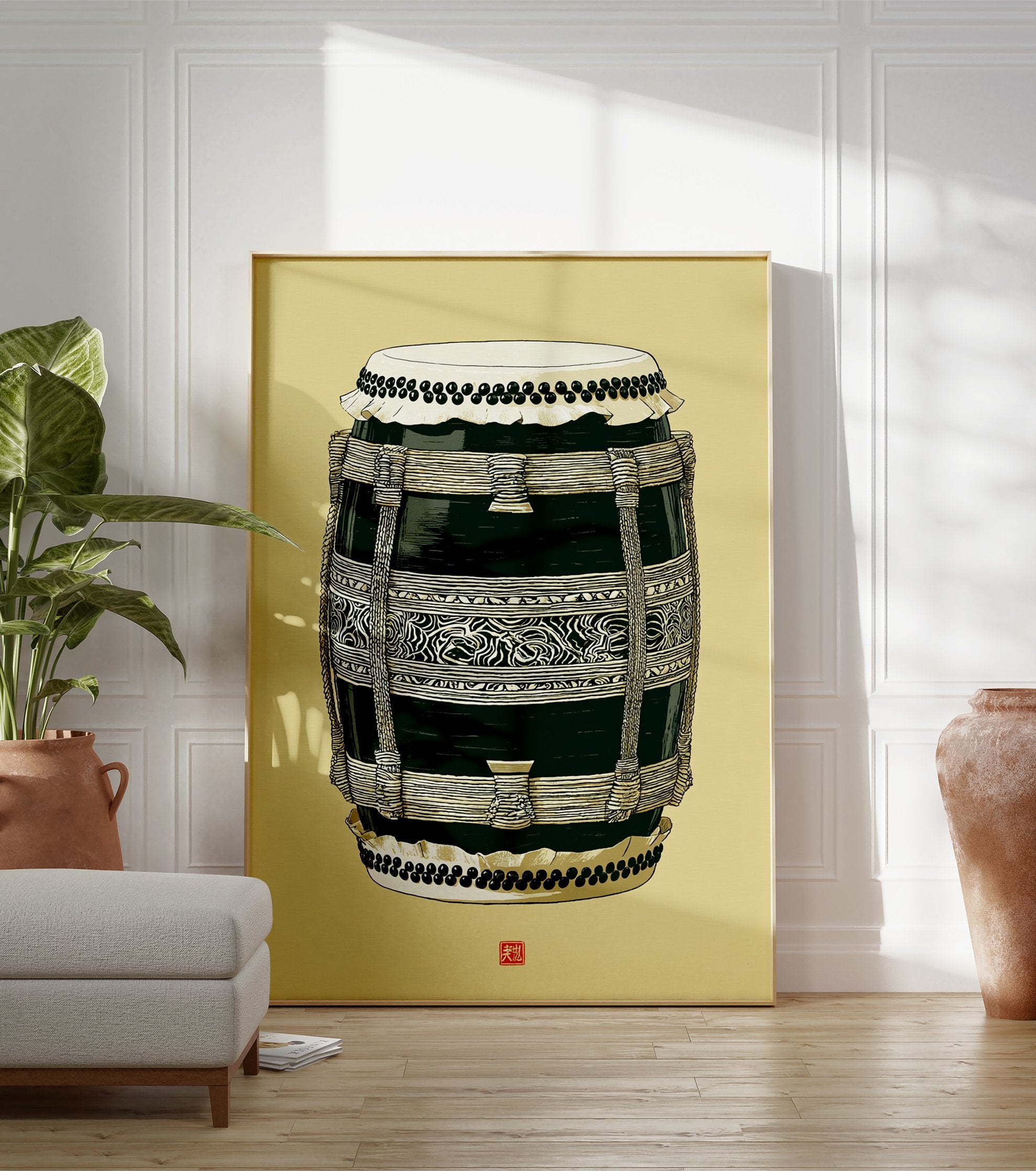 Illustration of a traditional Japanese Taiko drum in black and cream with intricate patterns on a yellow background. - Image 3