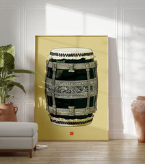 Illustration of a traditional Japanese Taiko drum in black and cream with intricate patterns on a yellow background. - Image 3