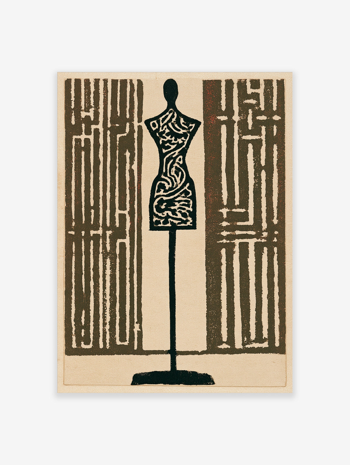 Tailor mannequin wall art with intricate maze patterns in dark brown and cream, graphic fashion illustration print