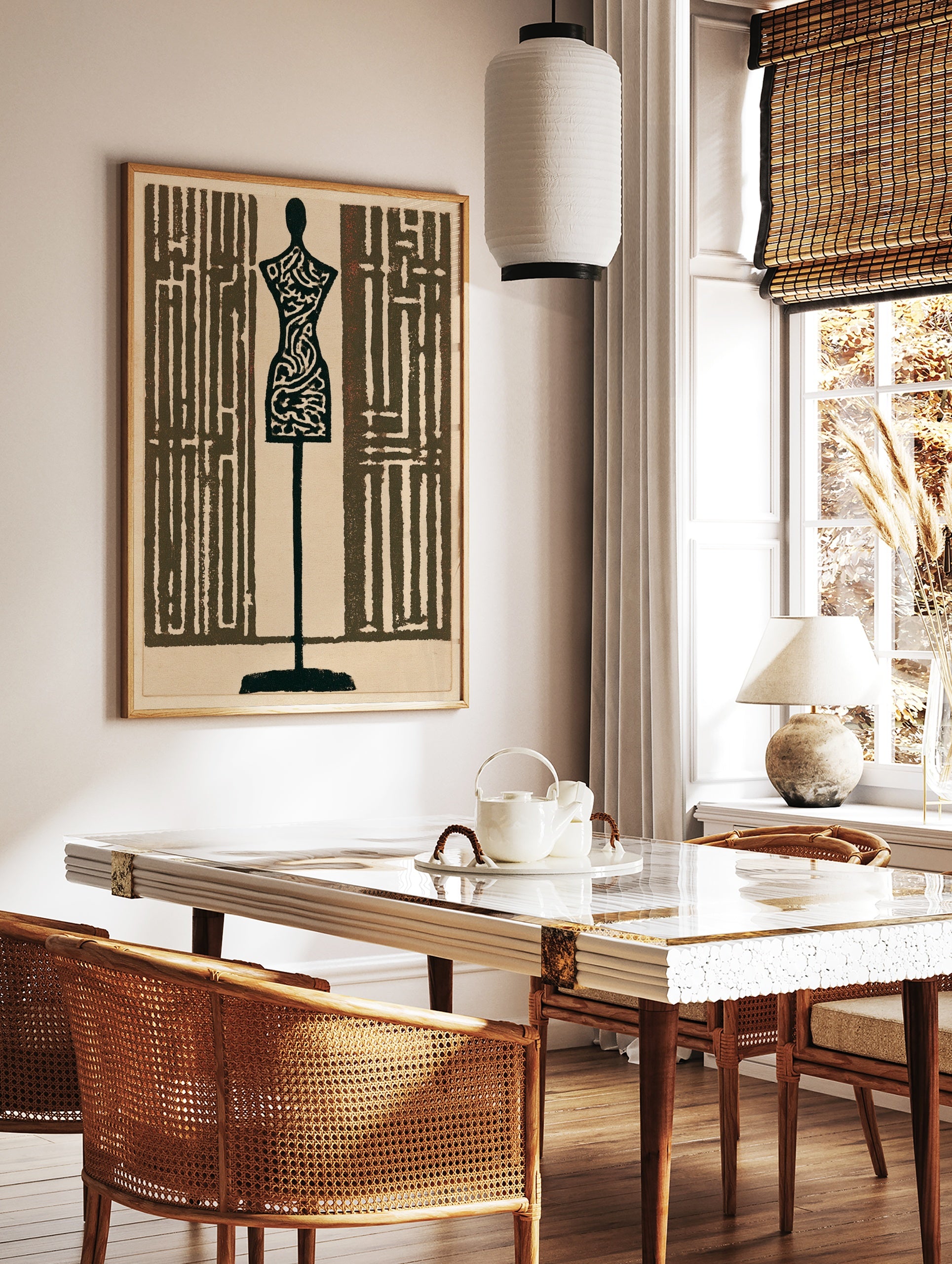 Tailor mannequin wall art with intricate maze patterns in dark brown and cream, graphic fashion, in a styled room mockup