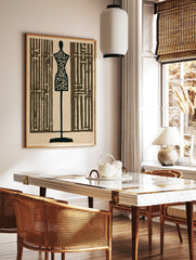 Tailor mannequin wall art with intricate maze patterns in dark brown and cream, graphic fashion, in a styled room mockup