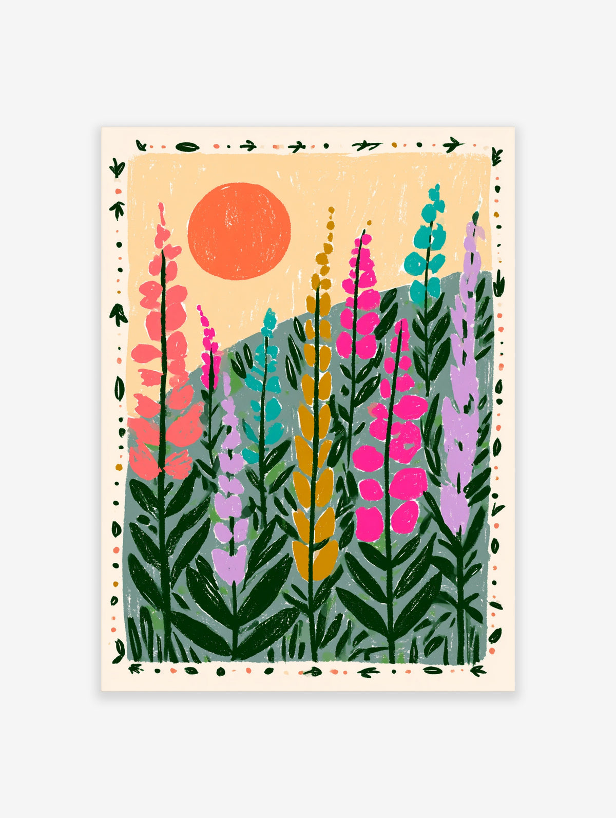 Tall flower meadow poster with pink, teal and yellow blooms under an orange sun