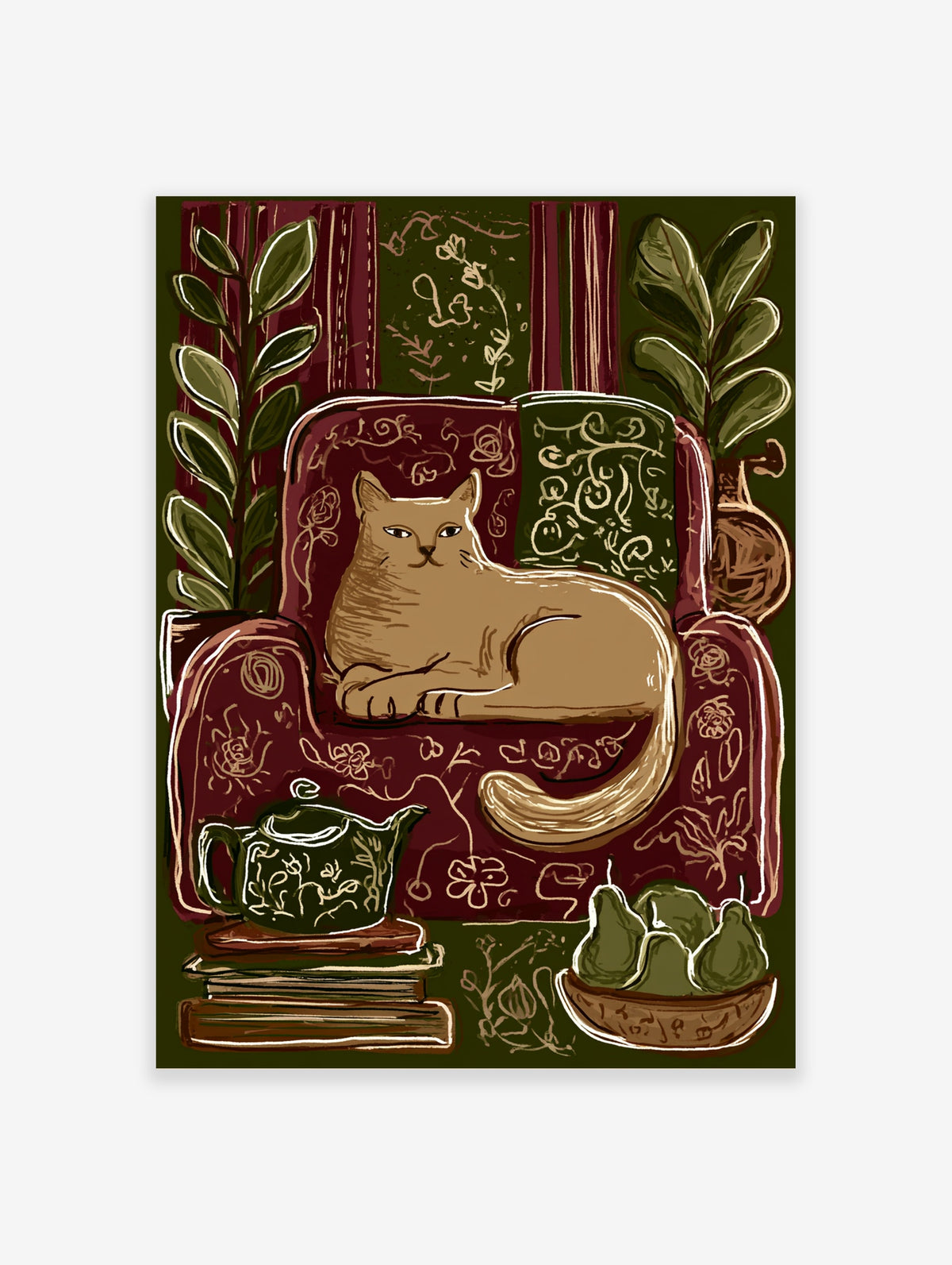 Tan cat on burgundy floral sofa with green teapot, books, pears, and leafy plants illustration