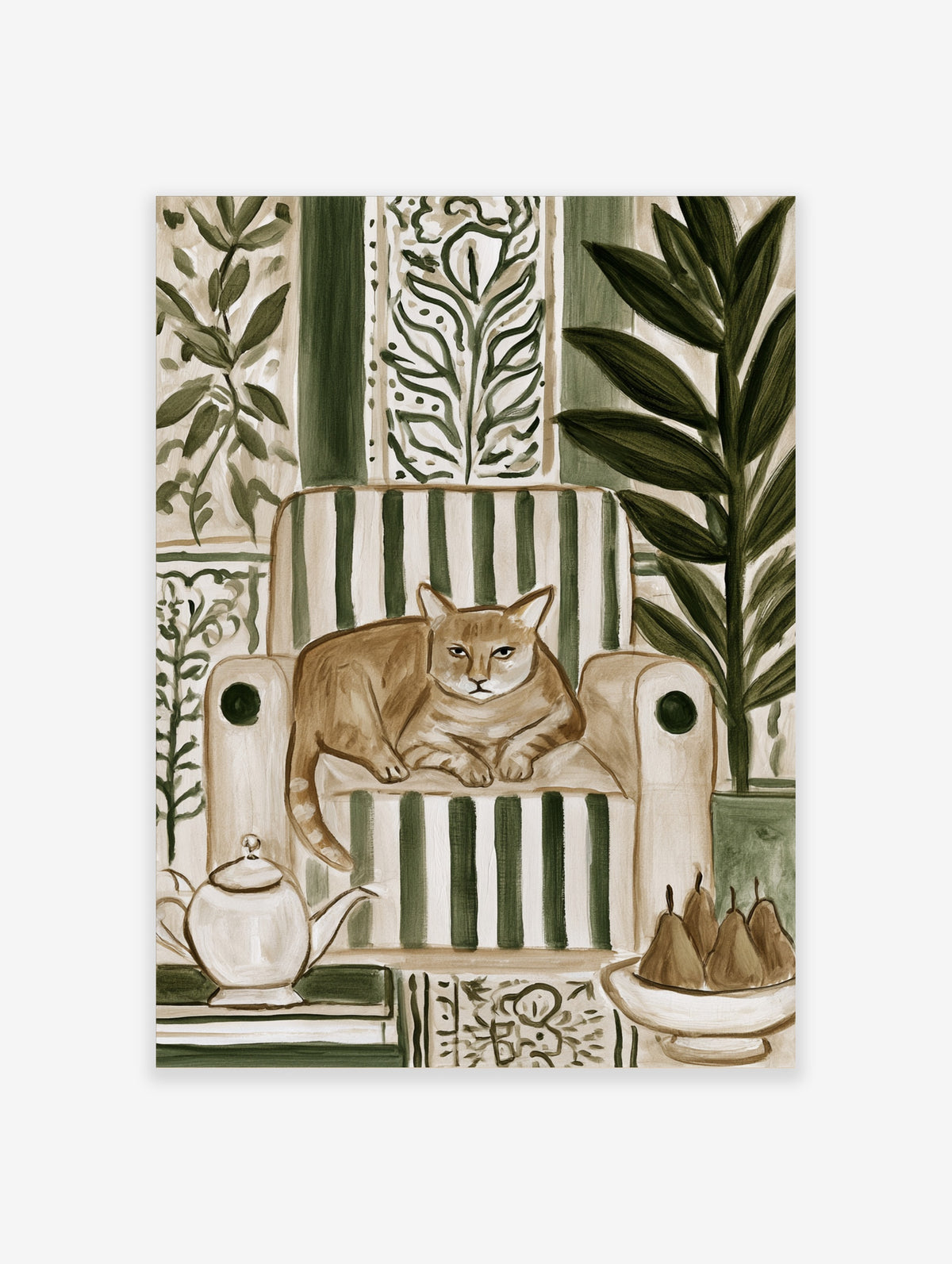 Tan tabby cat on green striped armchair with teapot, pears, and botanical leaves art print