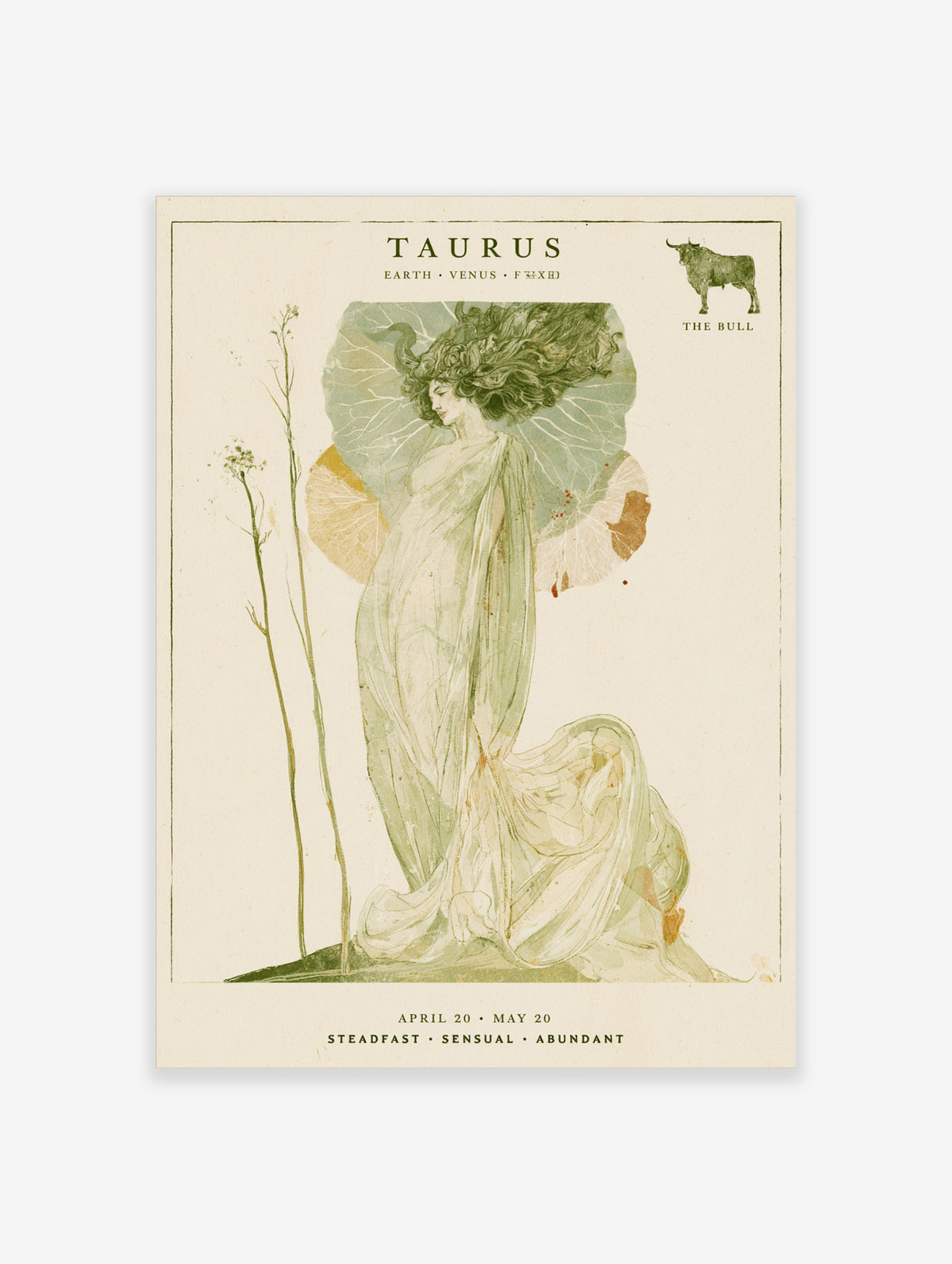 Taurus zodiac poster with green-robed figure, bull icon, and April 20 to May 20 dates
