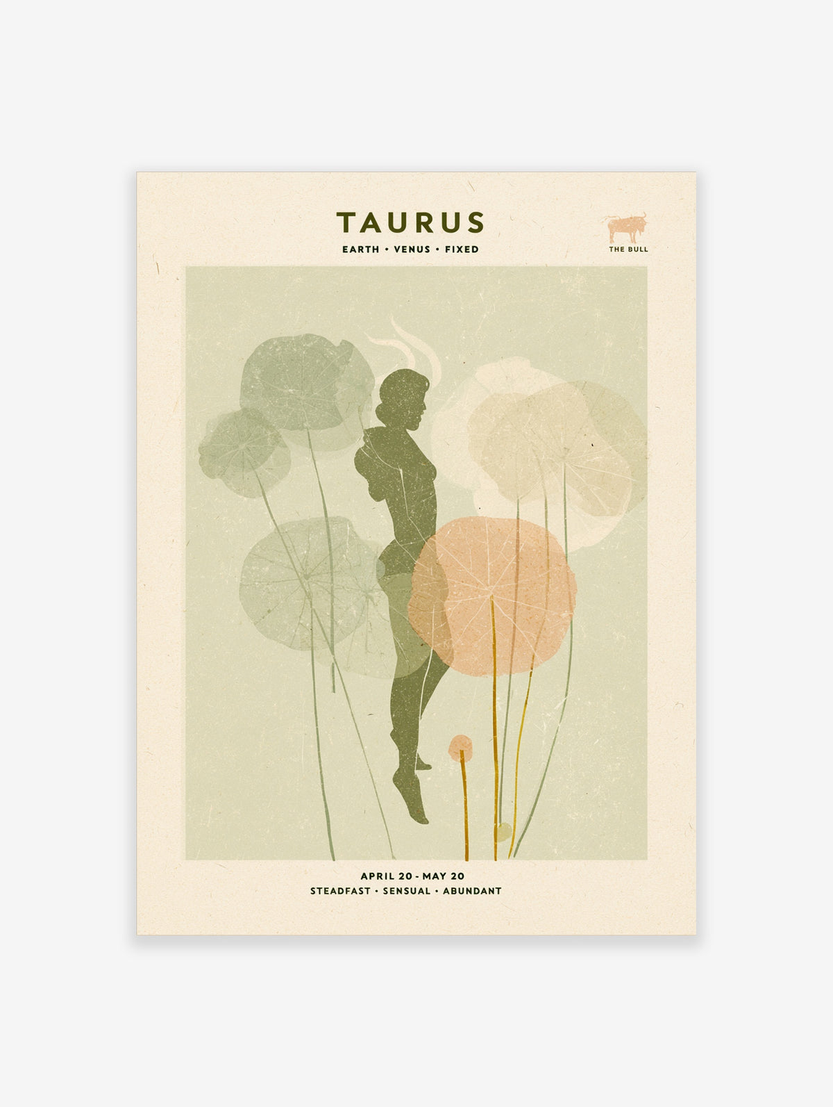 Taurus zodiac poster with green female silhouette, lotus leaves, and astrology text on sage background