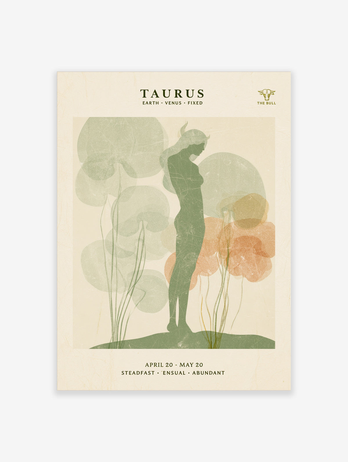 Taurus zodiac poster with green female silhouette, horns, pastel circles, and astrology text
