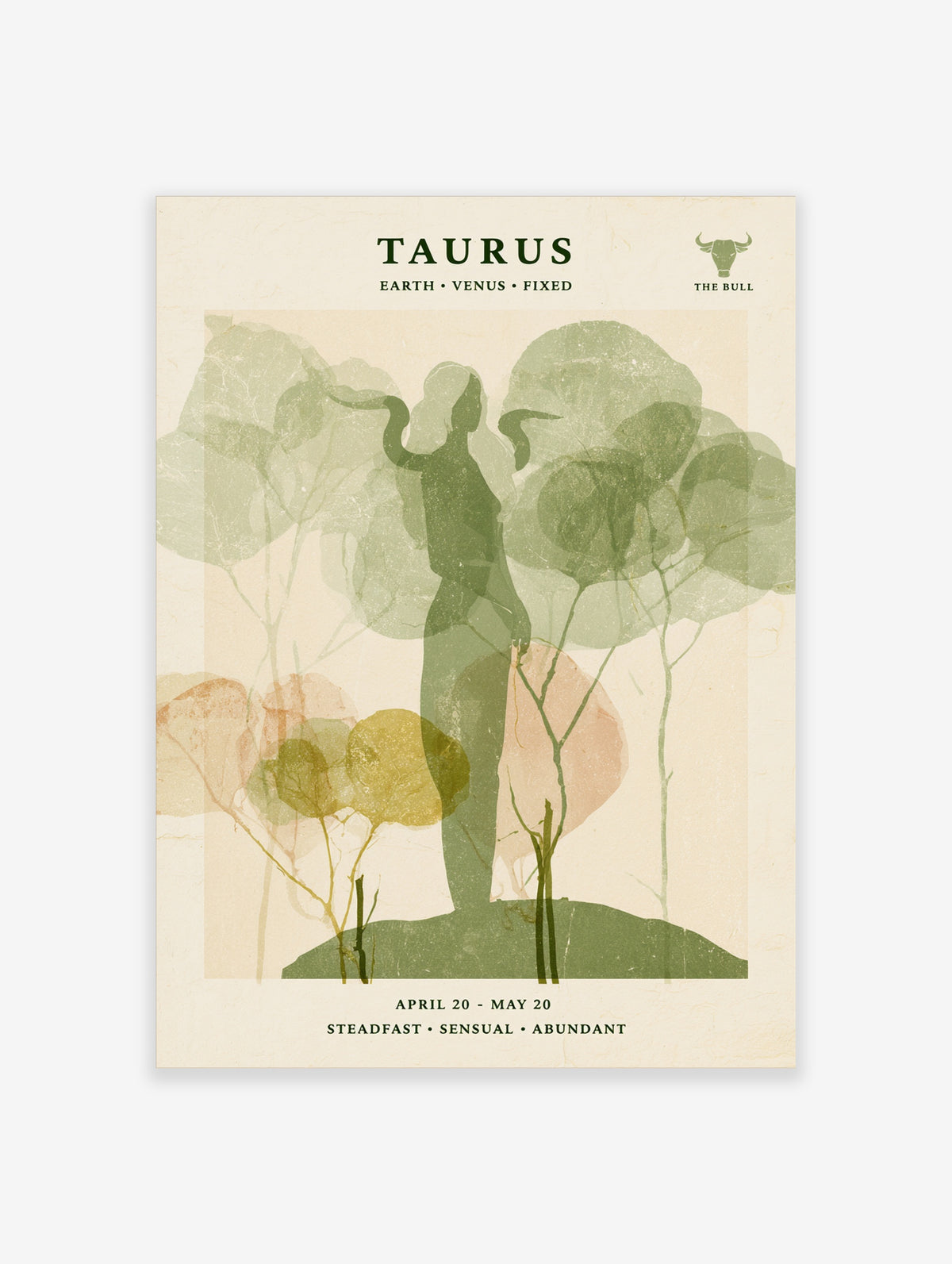 Taurus zodiac poster with green female silhouette, bull horns, abstract trees, and typography