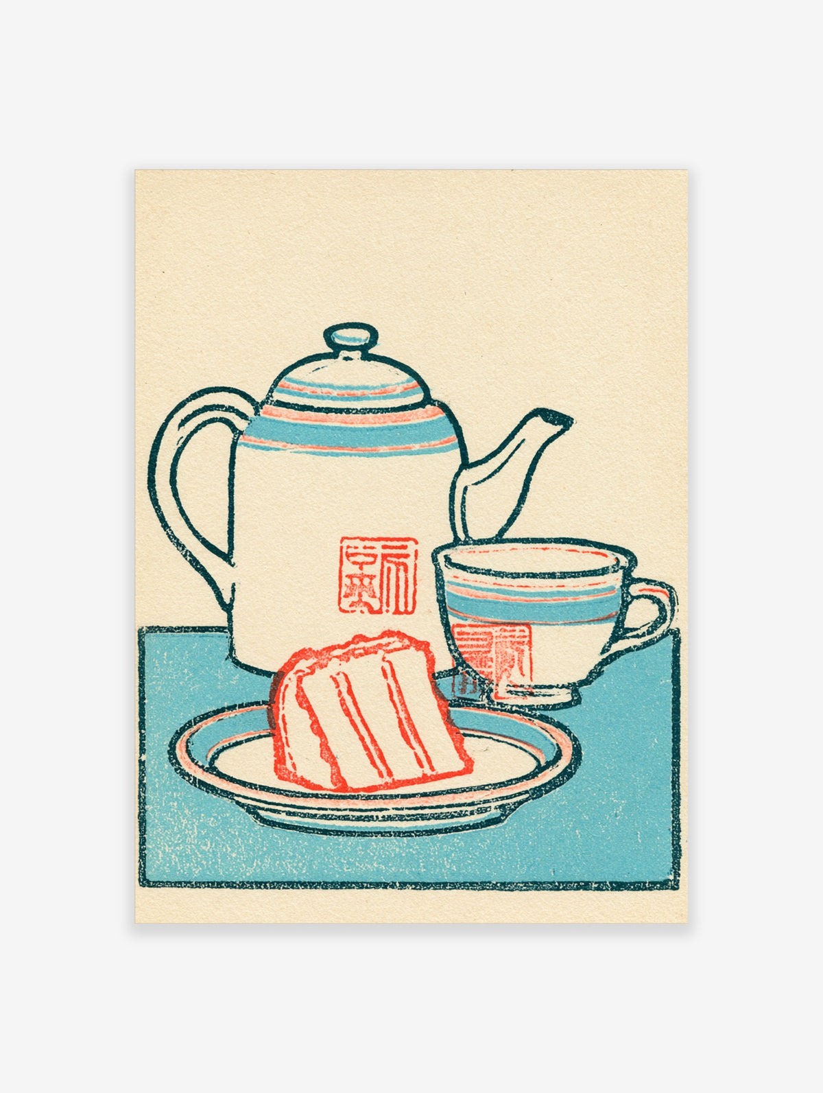Tea and cake poster with blue striped teapot, cup, and red sponge slice on blue table