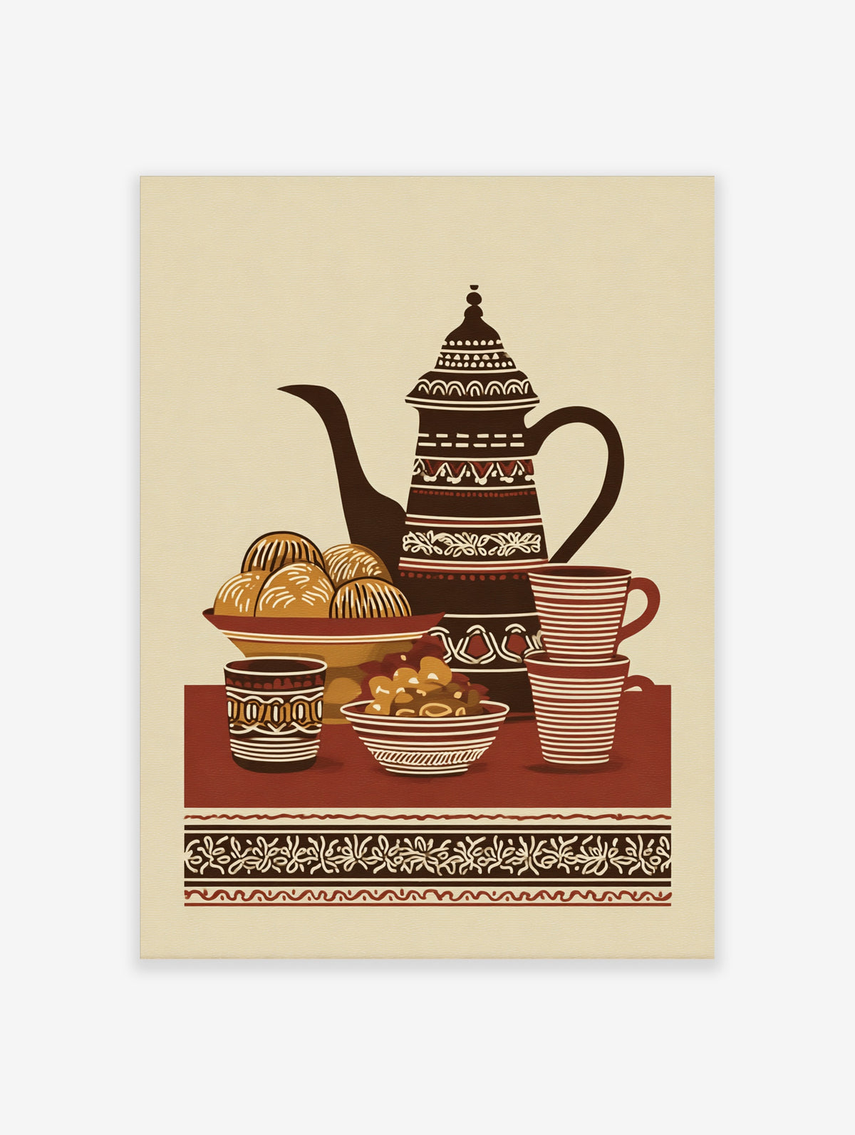 Traditional coffee pot with pastries and cups, earthy tones, unframed paper print
