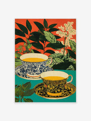 Botanical tea cup poster featuring two ornate teacups, green leaves, and white flowers against an orange and teal background.