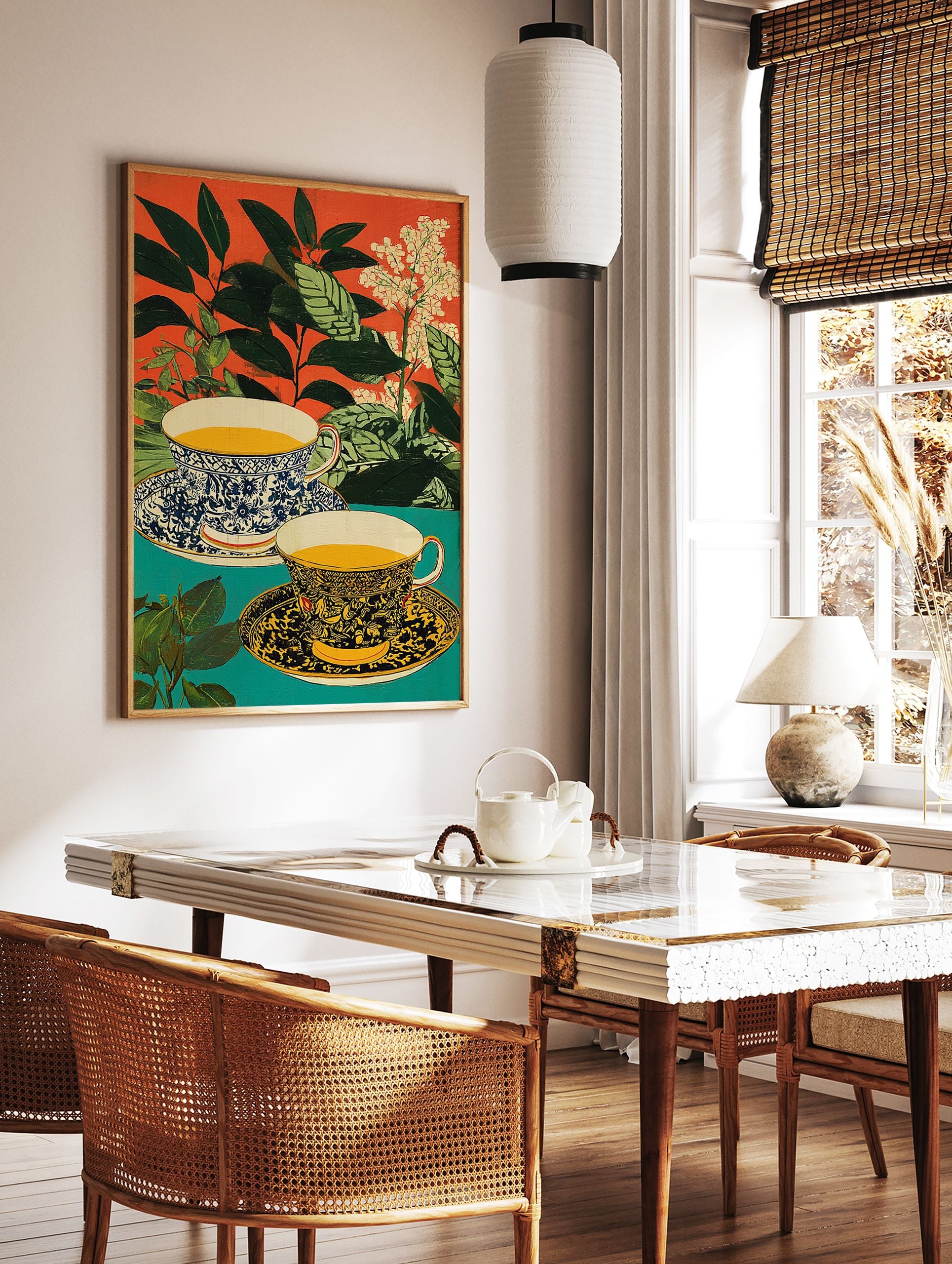 Botanical tea cup poster featuring two ornate teacups, green leaves, and white flowers against an orange and teal background. - Image 2