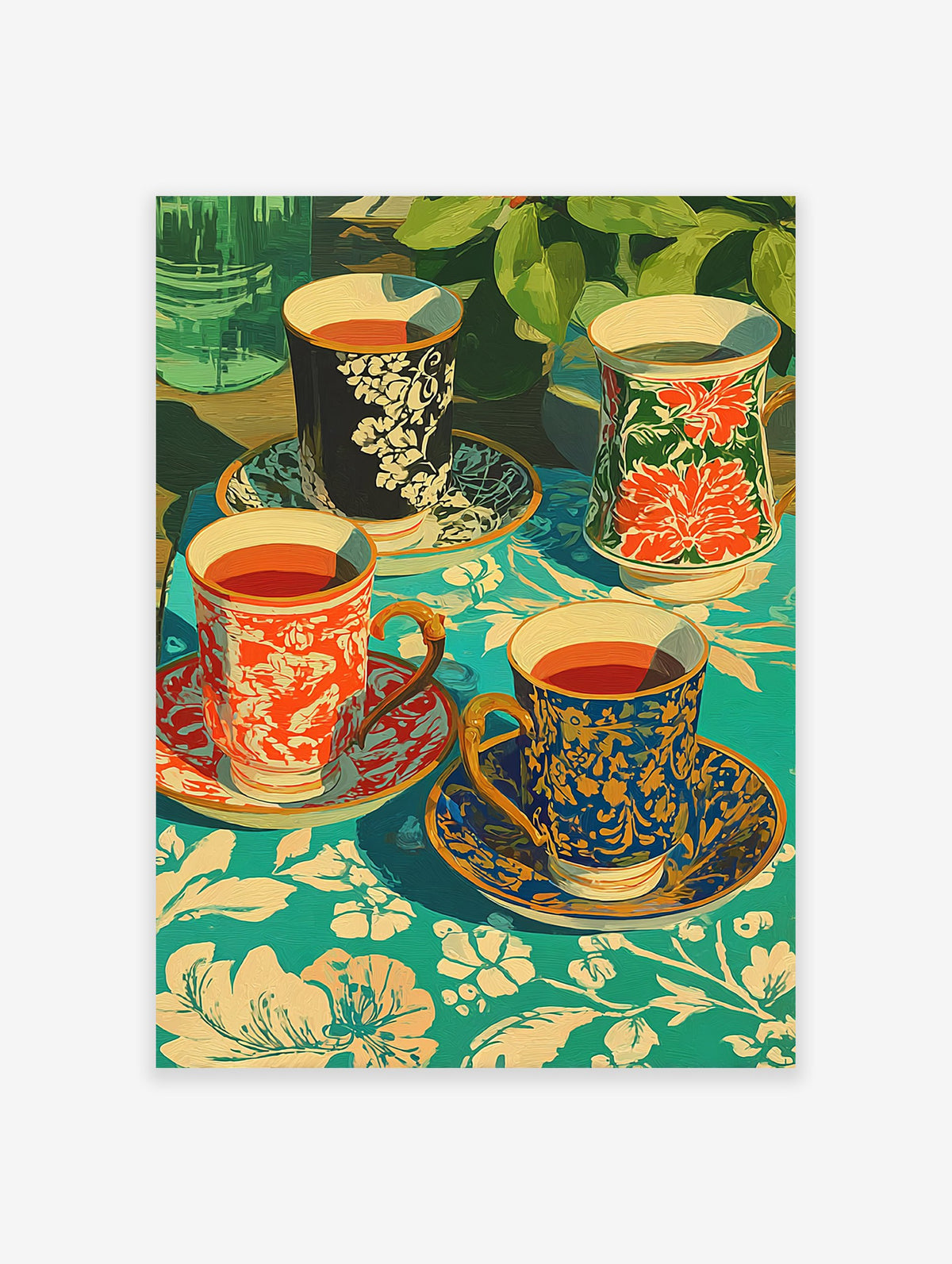 Poster of four decorative tea cups with various patterns (red, blue, black) on a vibrant teal floral tablecloth with green plants in background.