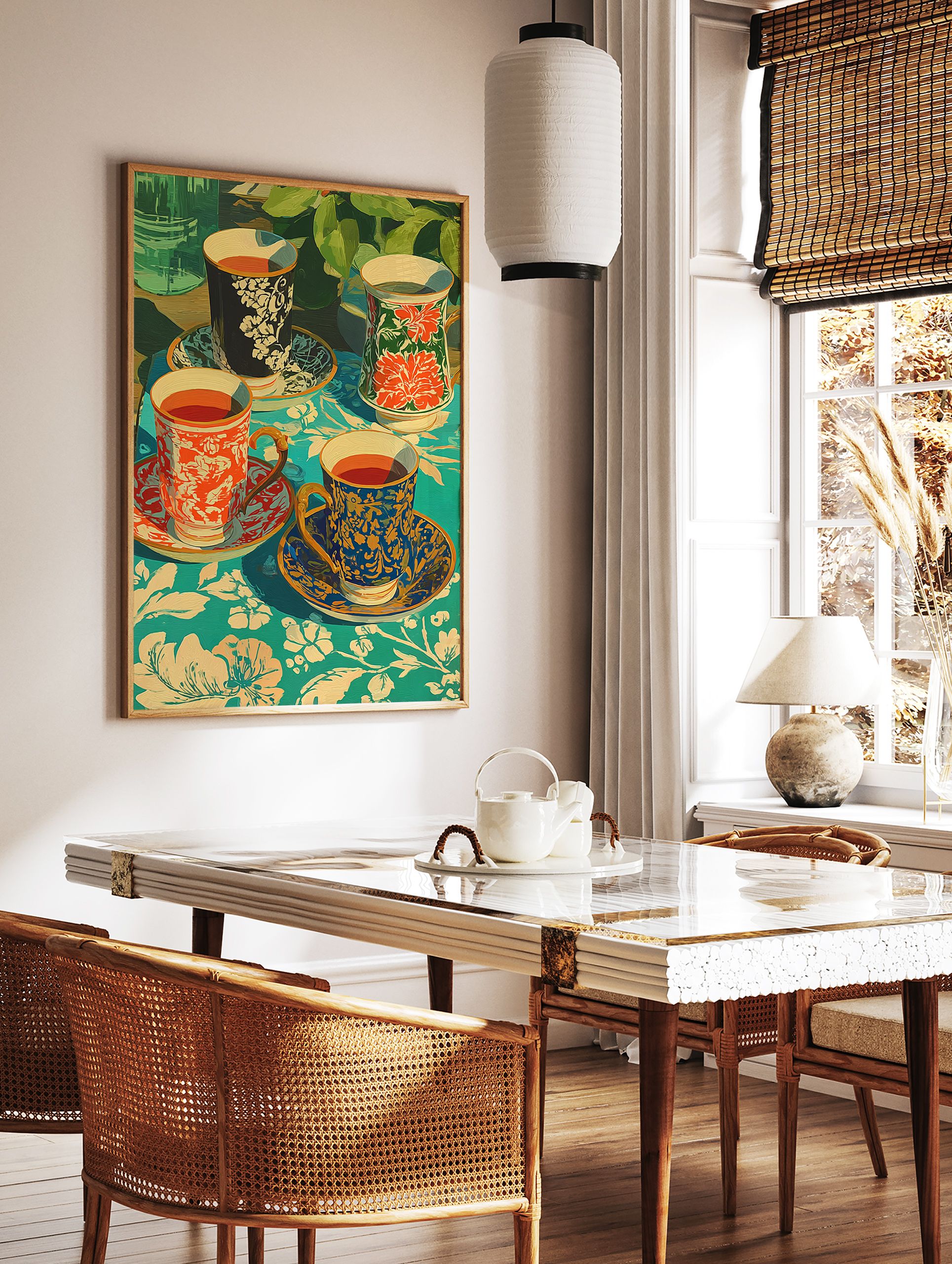 Poster of four decorative tea cups with various patterns (red, blue, black) on a vibrant teal floral tablecloth with green plants in background. - Image 2
