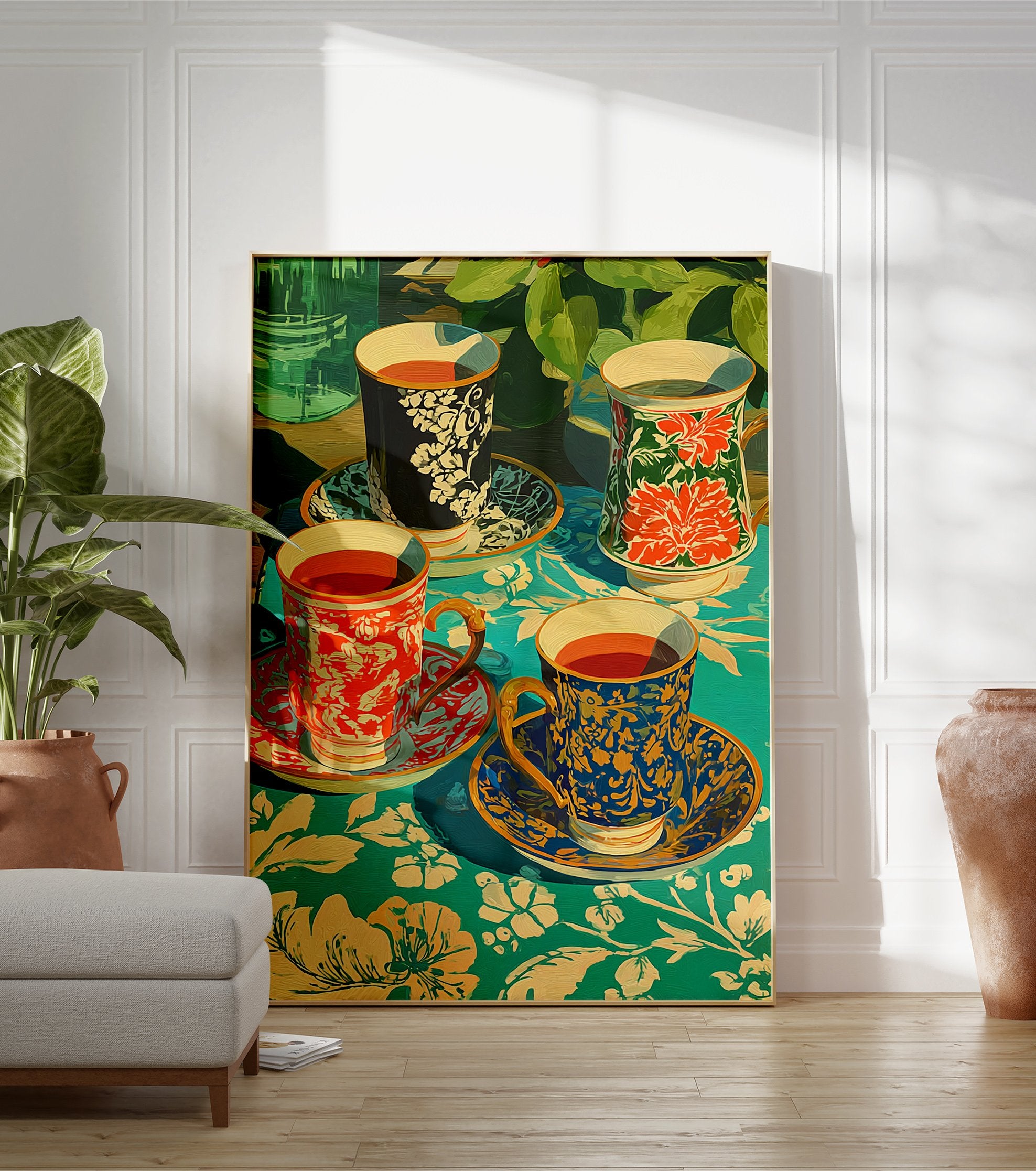 Poster of four decorative tea cups with various patterns (red, blue, black) on a vibrant teal floral tablecloth with green plants in background. - Image 3