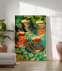 Poster of four decorative tea cups with various patterns (red, blue, black) on a vibrant teal floral tablecloth with green plants in background. - Image 3