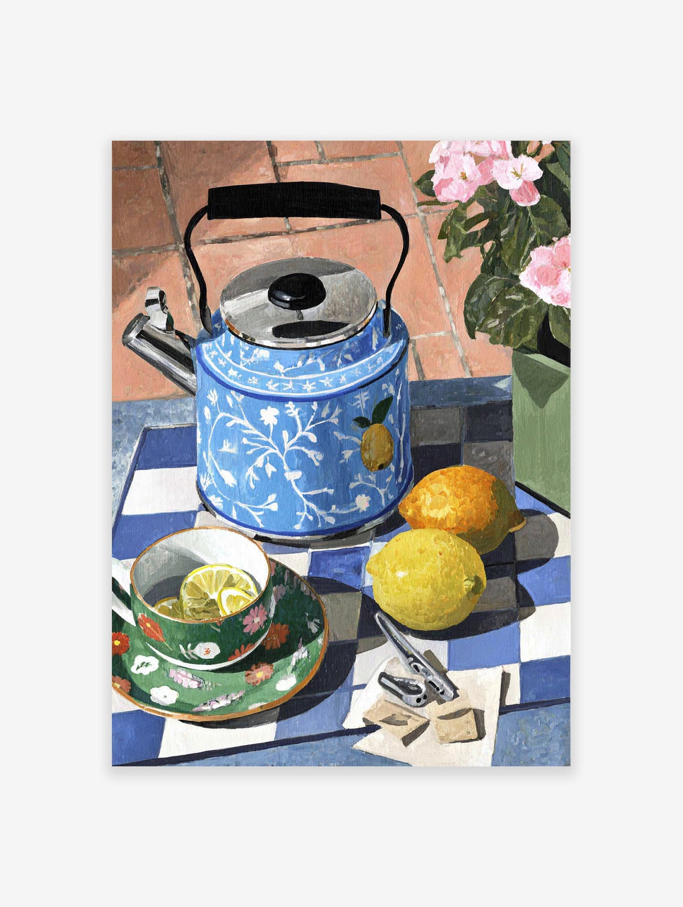 Tea Party Wall Art print showing a blue kettle, green teacup with lemon slices, whole lemons, and pink flowers on a checkered table.